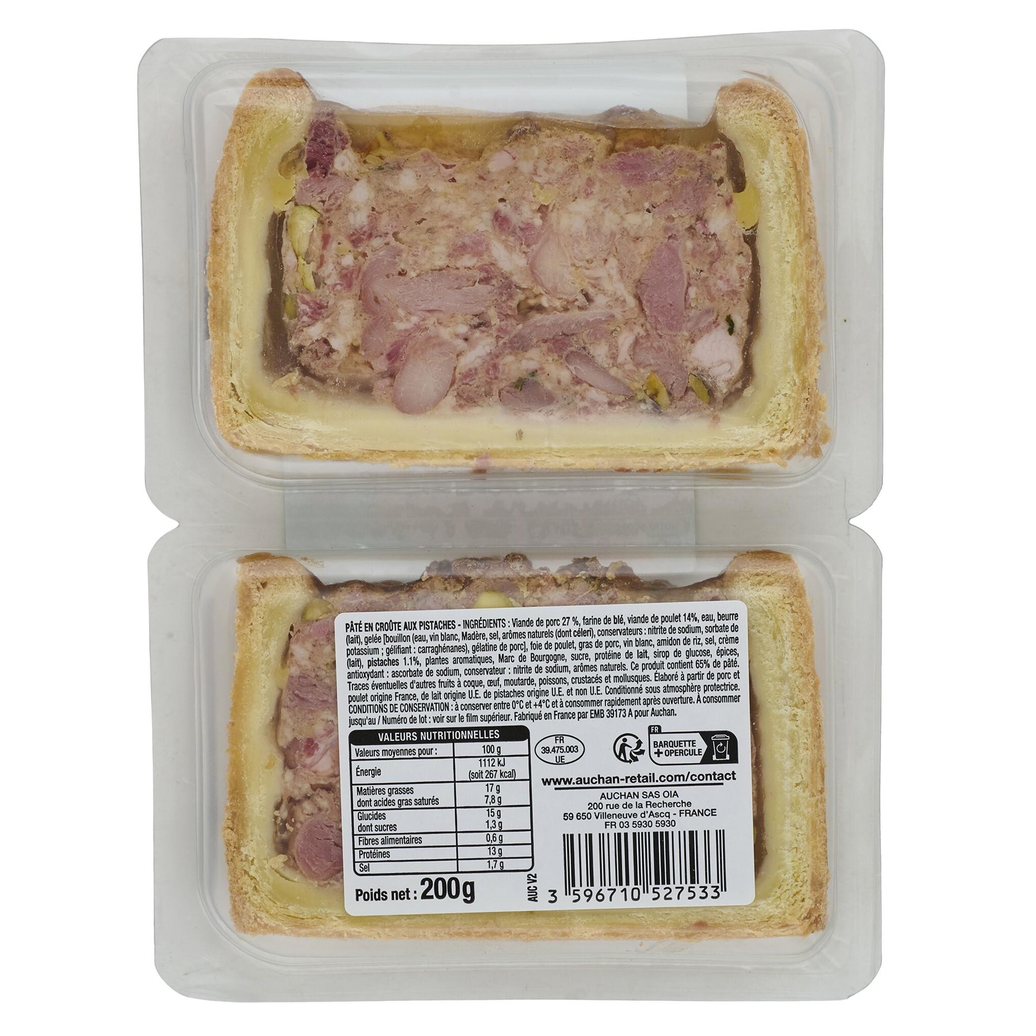 Voir la diapositive 3 : AUCHAN Pâté en croûte aux pistaches 2 tranches 200g