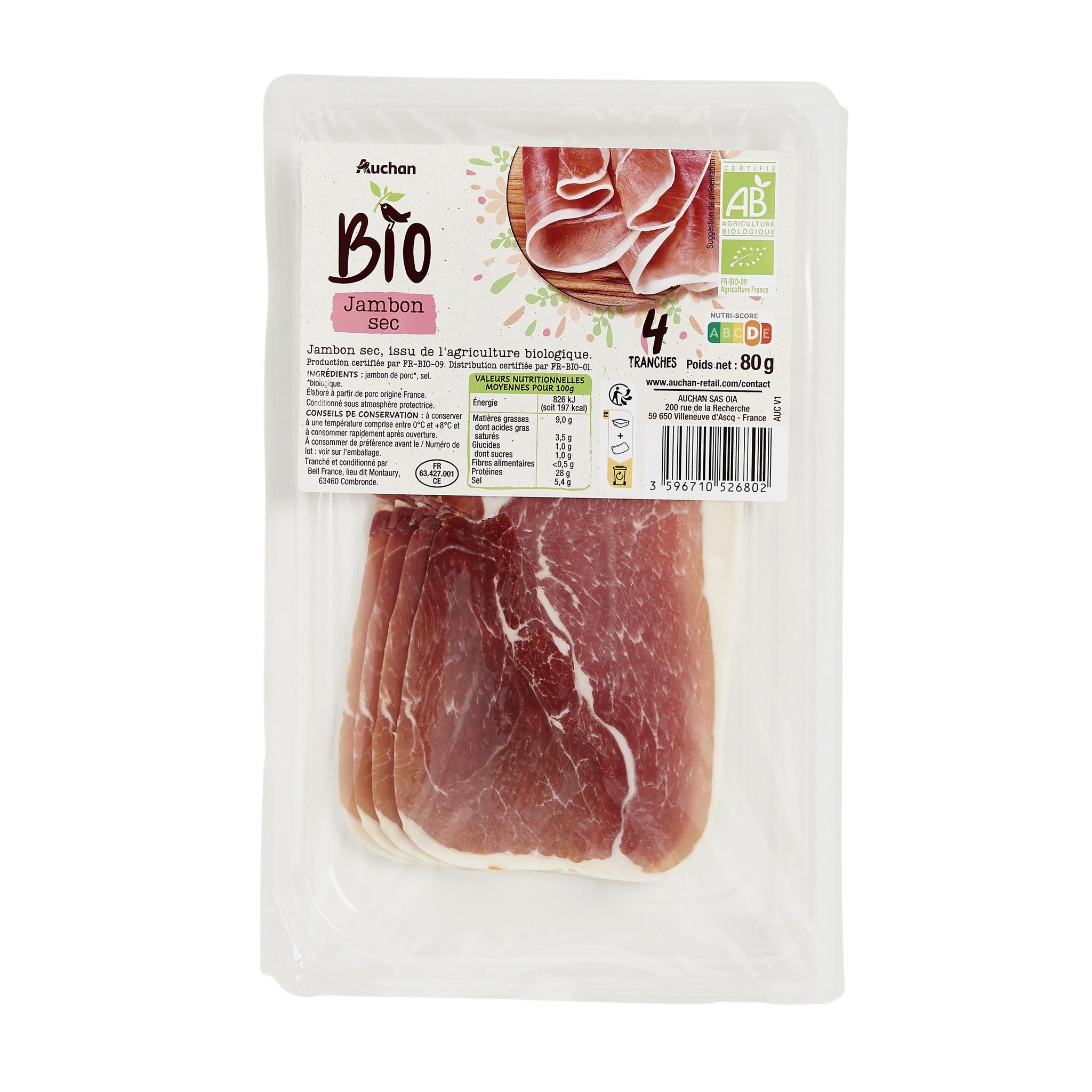 Voir la diapositive 2 : AUCHAN BIO Jambon sec 4 tranches 80g