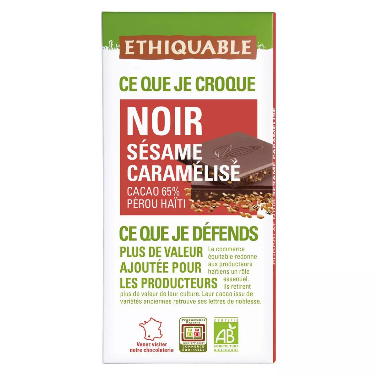 ETHIQUABLE Tablette de chocolat noir bio sésame caramélisé cacao 65% Pérou Haïti 1 pièce 100g