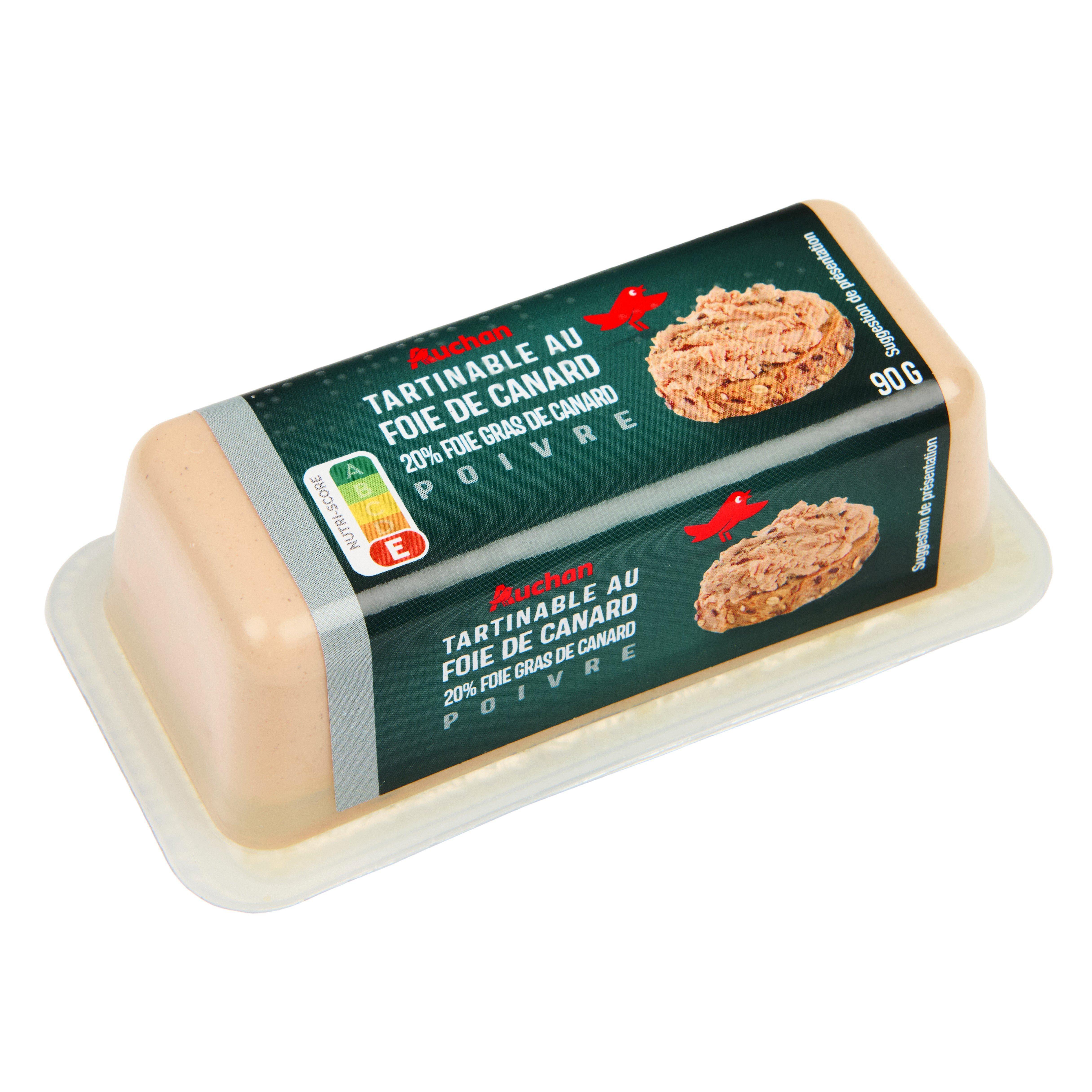 Voir la diapositive 2 : AUCHAN Tartinable au foie de canard 20% foie gras de canard poivre 2-4 parts 90g