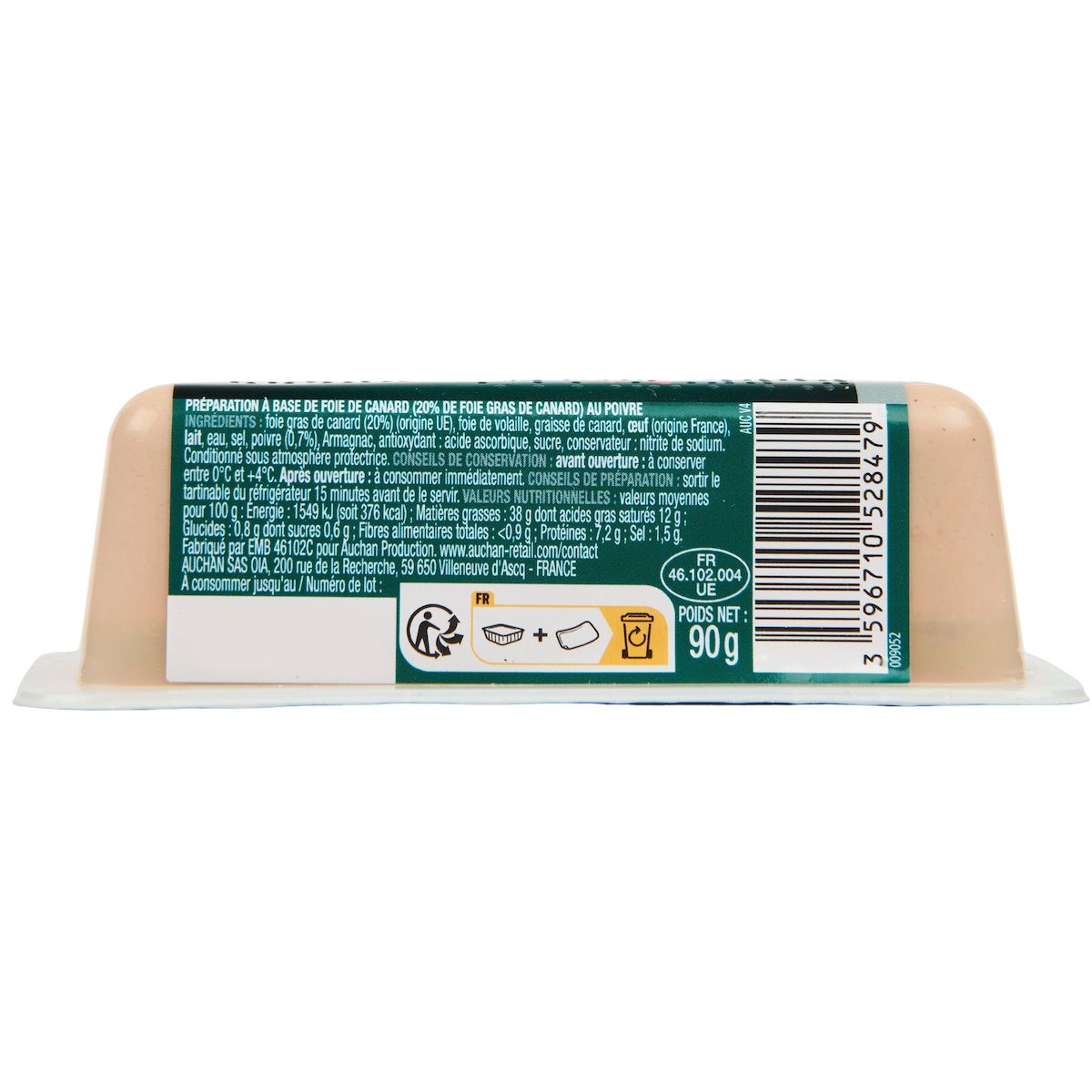 AUCHAN Tartinable au foie de canard 20% foie gras de canard poivre 2-4 parts 90g