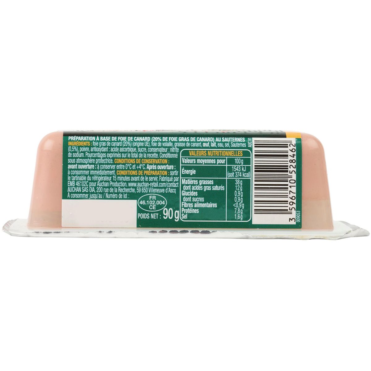 AUCHAN Tartinable de foie de canard Sauternes 20% 2-4 parts 90g