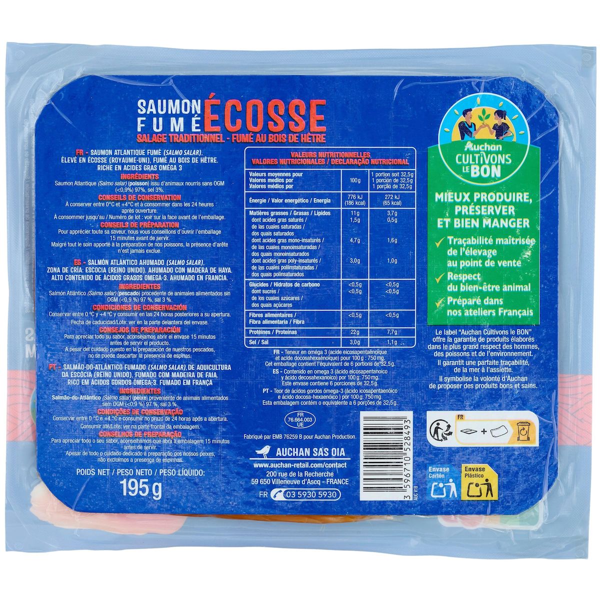 AUCHAN CULTIVONS LE BON Saumon fumé d'Écosse 6 tranches 195g