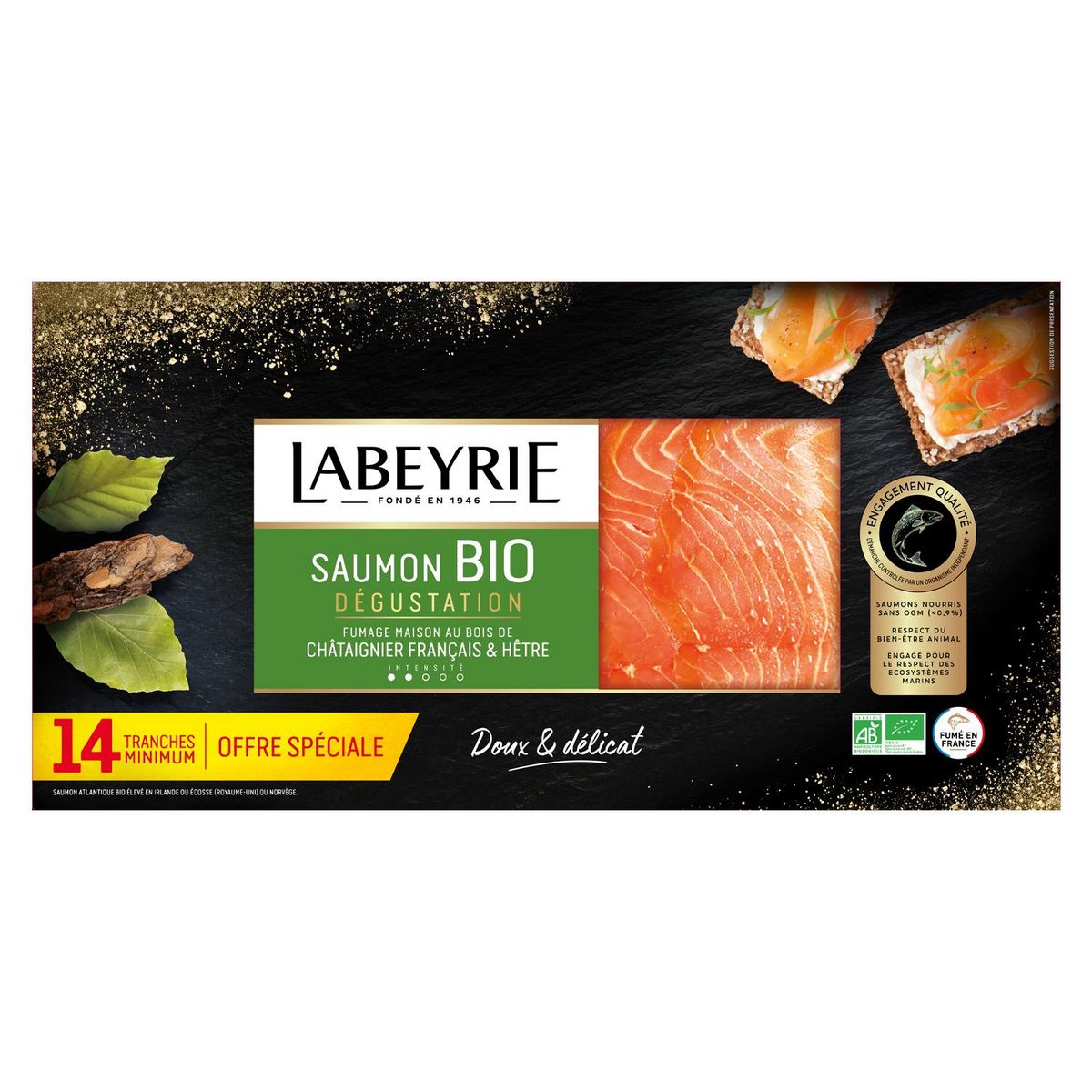LABEYRIE Saumon fumé au bois de châtaigne Français et hêtre bio 14 tranches 380g