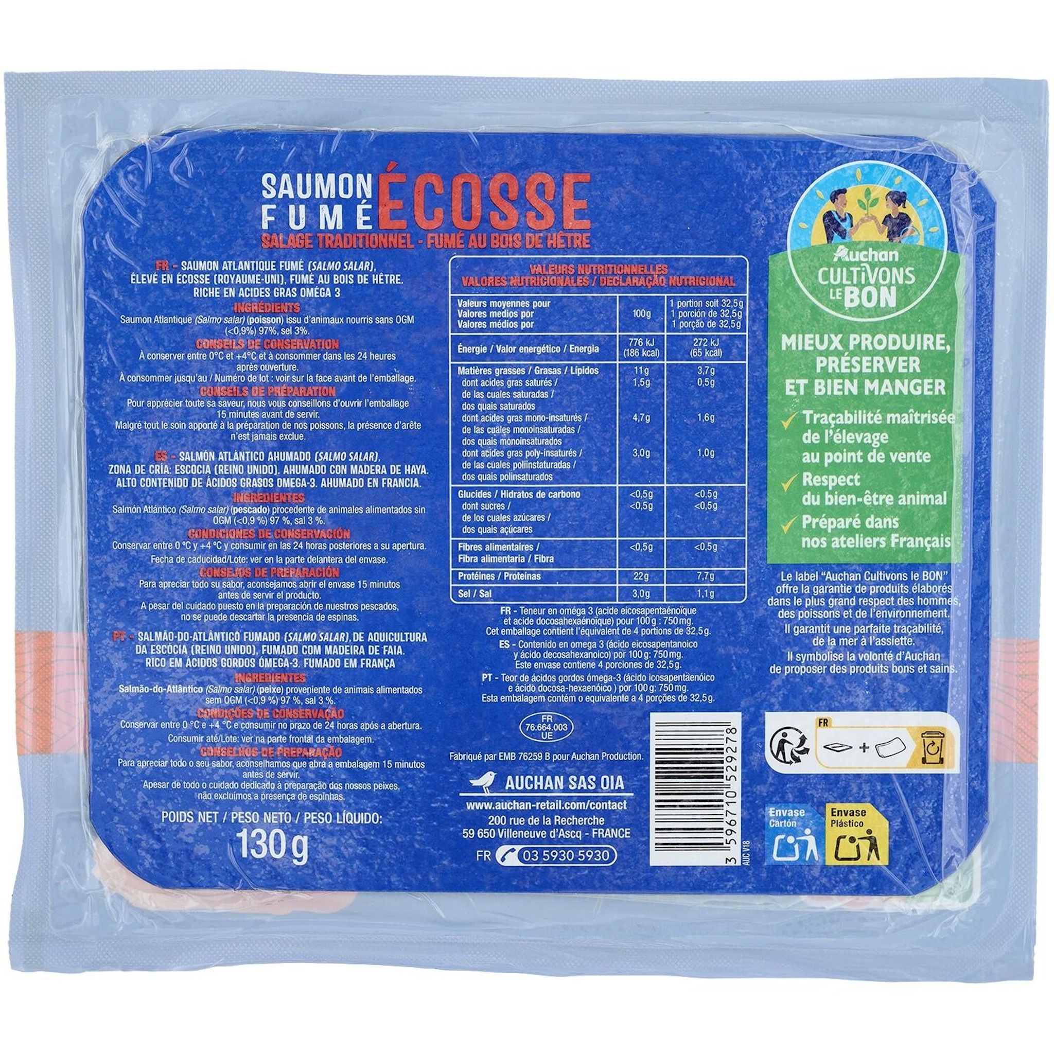 Voir la diapositive 2 : AUCHAN CULTIVONS LE BON Saumon fumé d'Écosse 4 tranches 130g
