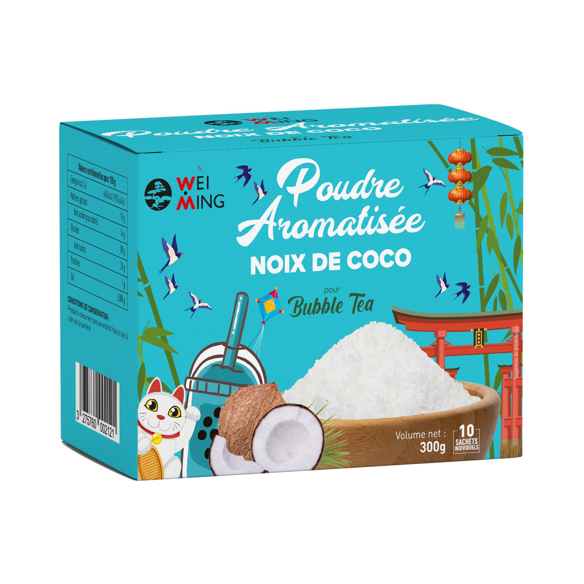 WEI MING Poudre aromatisée à la noix de coco pour Bubble Tea 10 sachets individuels 300g