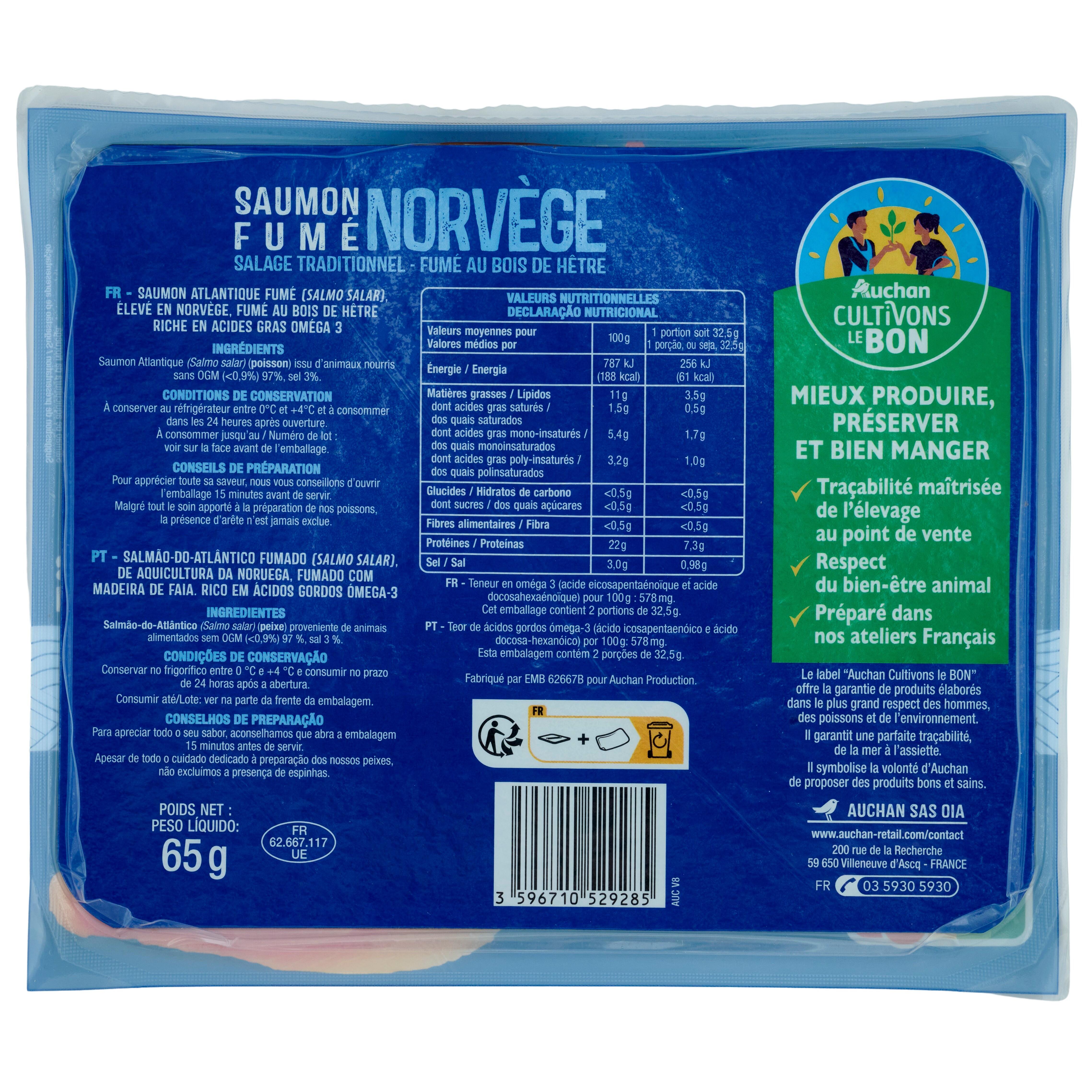 Voir la diapositive 2 : AUCHAN CULTIVONS LE BON Saumon fumé de Norvège 2 tranches 65g