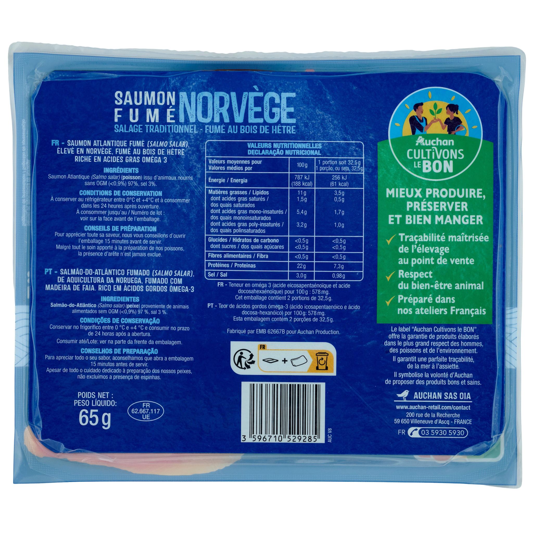 Voir la diapositive 2 : AUCHAN CULTIVONS LE BON Saumon fumé de Norvège 2 tranches 65g