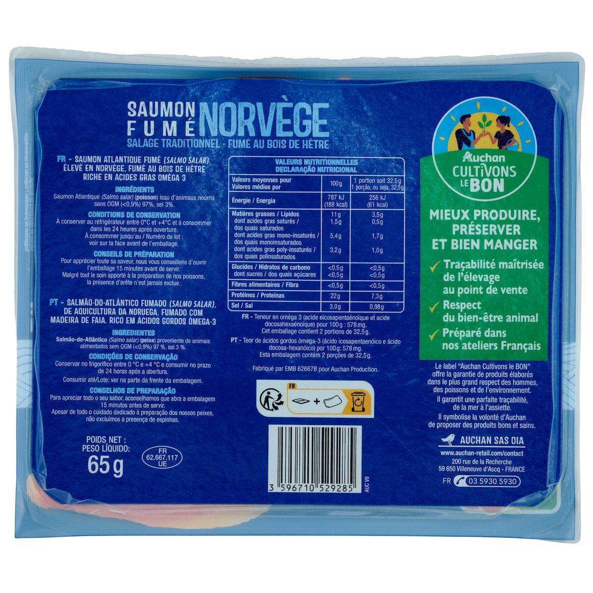AUCHAN CULTIVONS LE BON Saumon fumé de Norvège 2 tranches