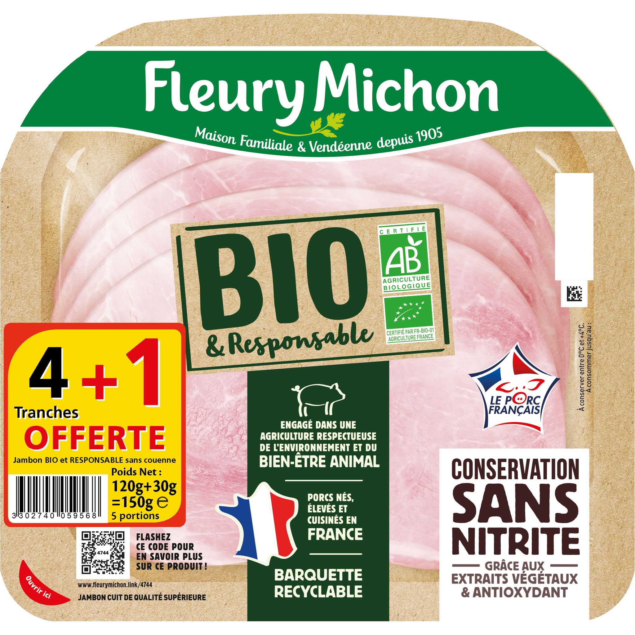 FLEURY MICHON Jambon bio sans nitrite 4 tranches + 1 offerte 150g
