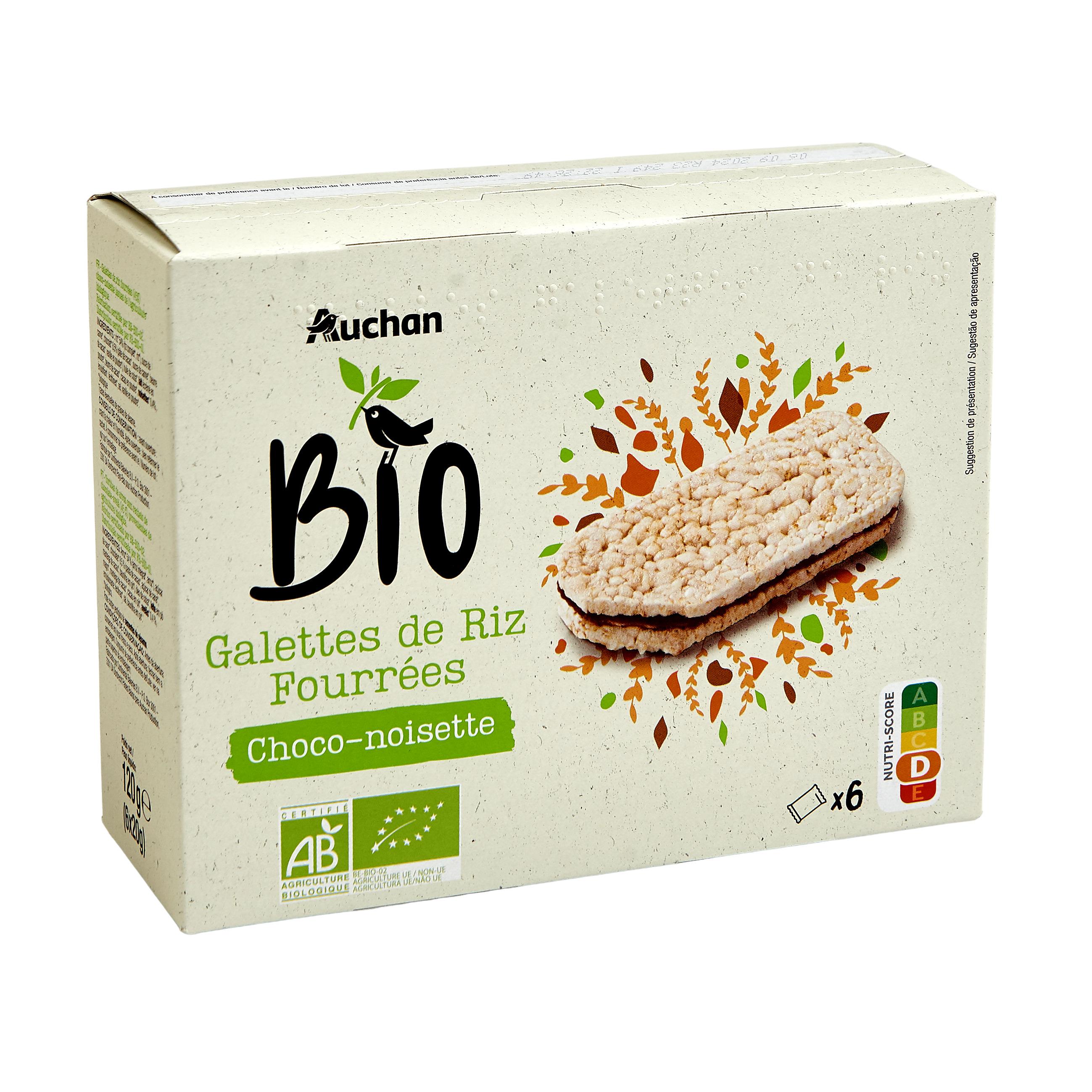 Voir la diapositive 2 : AUCHAN BIO Galettes de riz fourrées au choco-noisette en sachet individuel 6 sachets 120g
