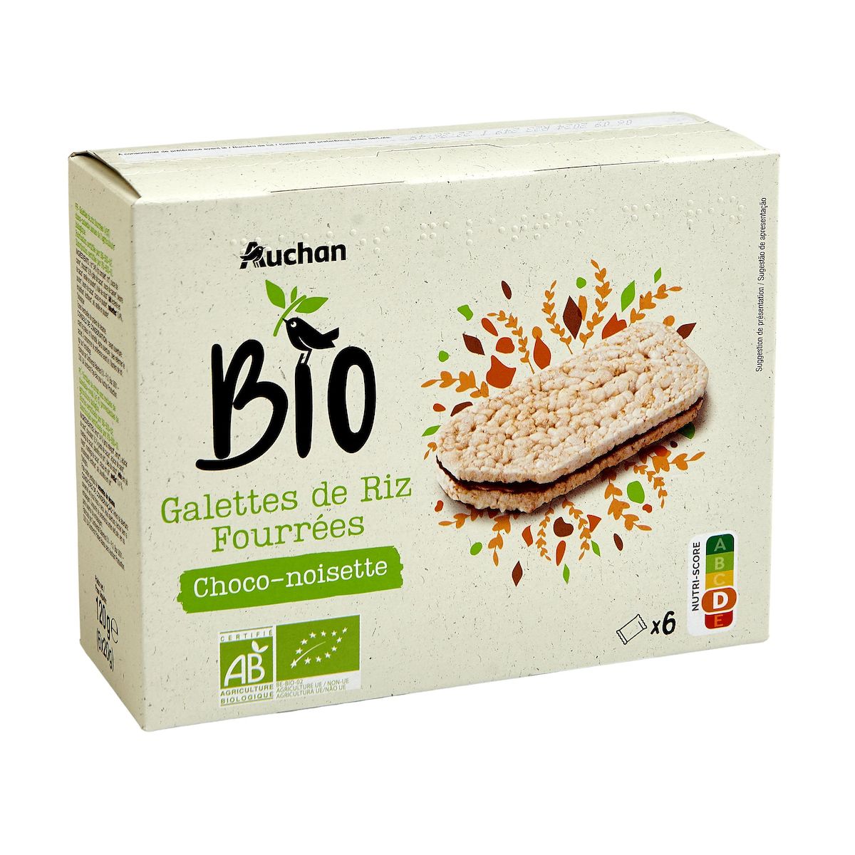 AUCHAN BIO Galettes de riz fourrées au choco-noisette en sachet individuel 6 sachets 120g