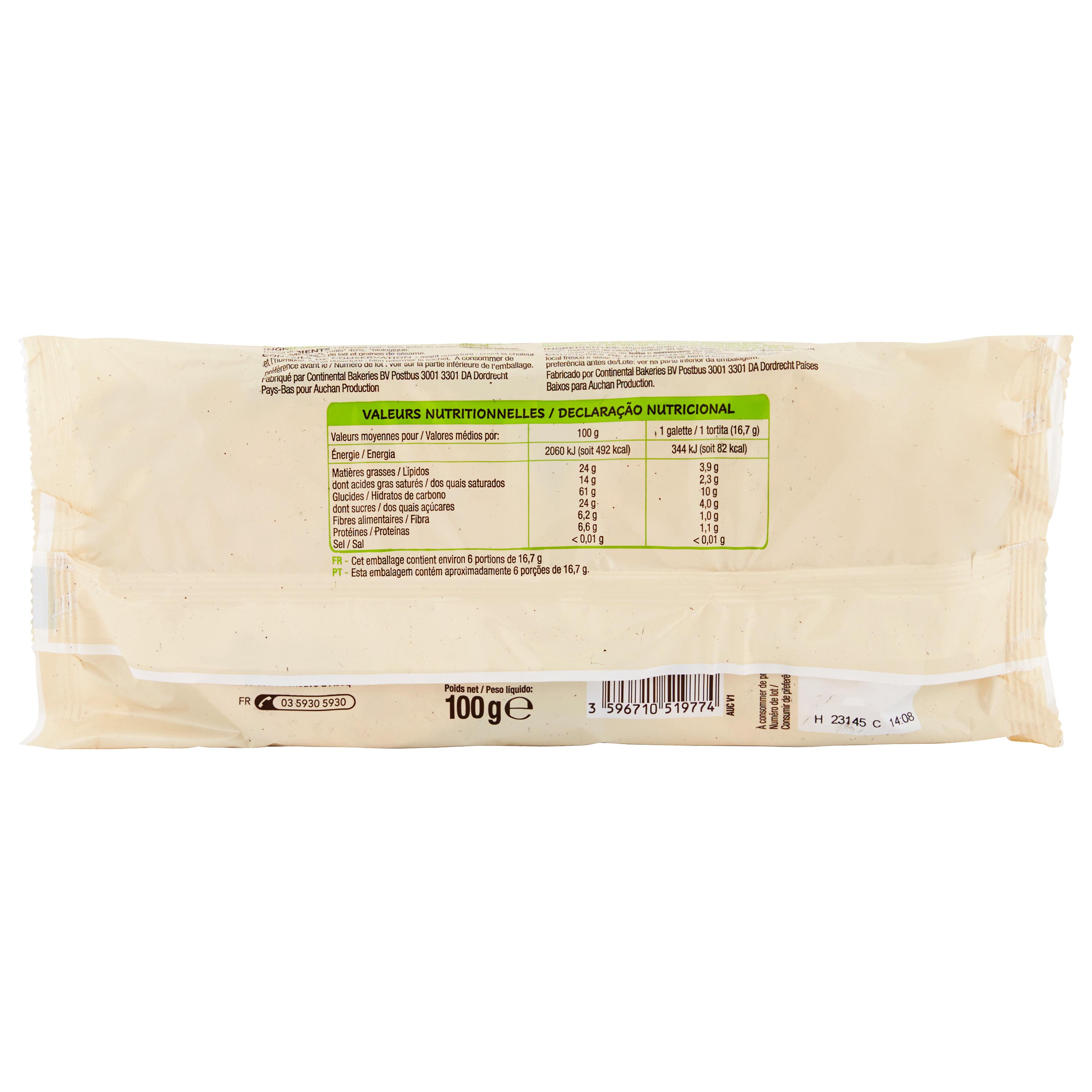 Voir la diapositive 2 : AUCHAN BIO Galettes de maïs au chocolat noir 6 pièces 100g