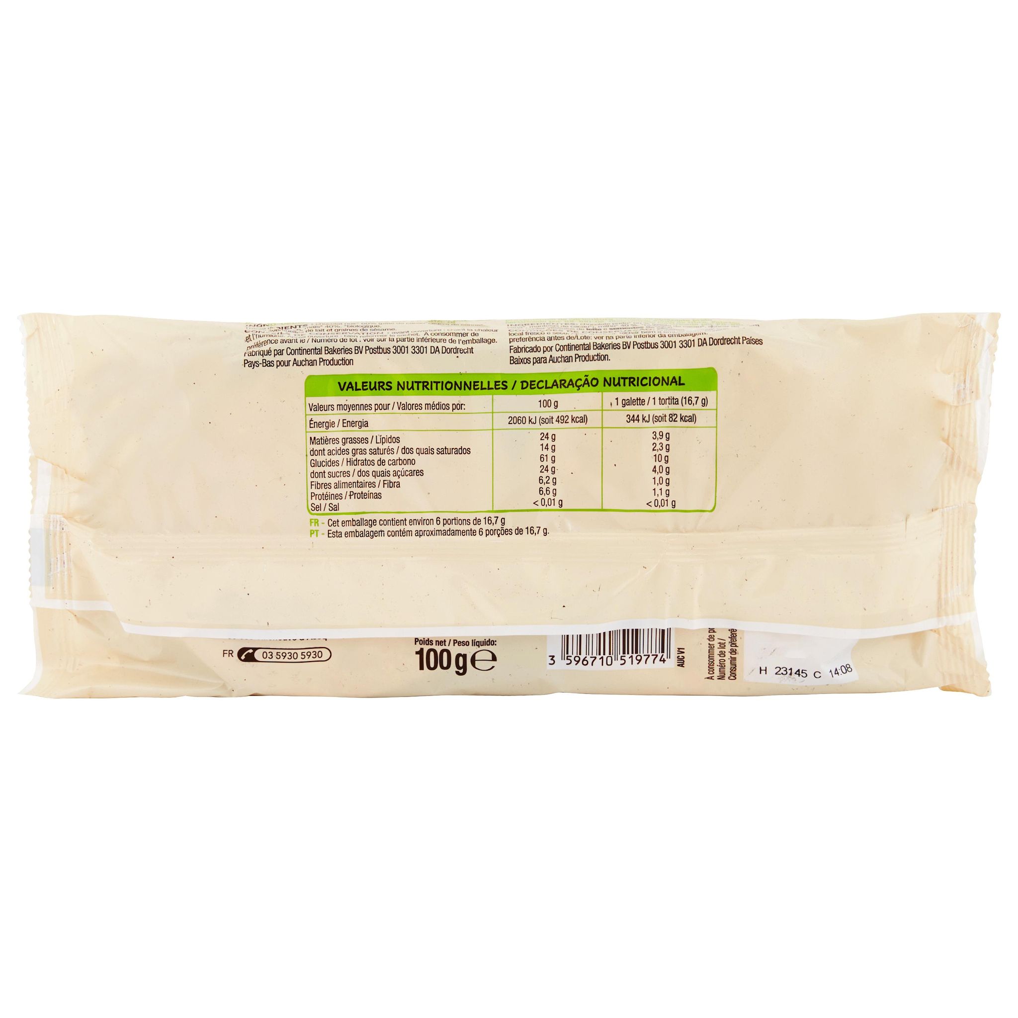 Voir la diapositive 2 : AUCHAN BIO Galettes de maïs au chocolat noir 6 pièces 100g