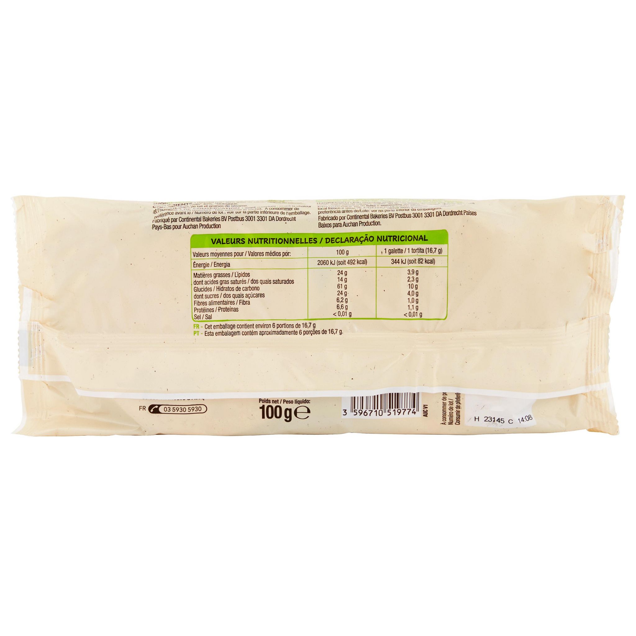 Voir la diapositive 3 : AUCHAN BIO Galettes de maïs au chocolat noir 6 pièces 100g