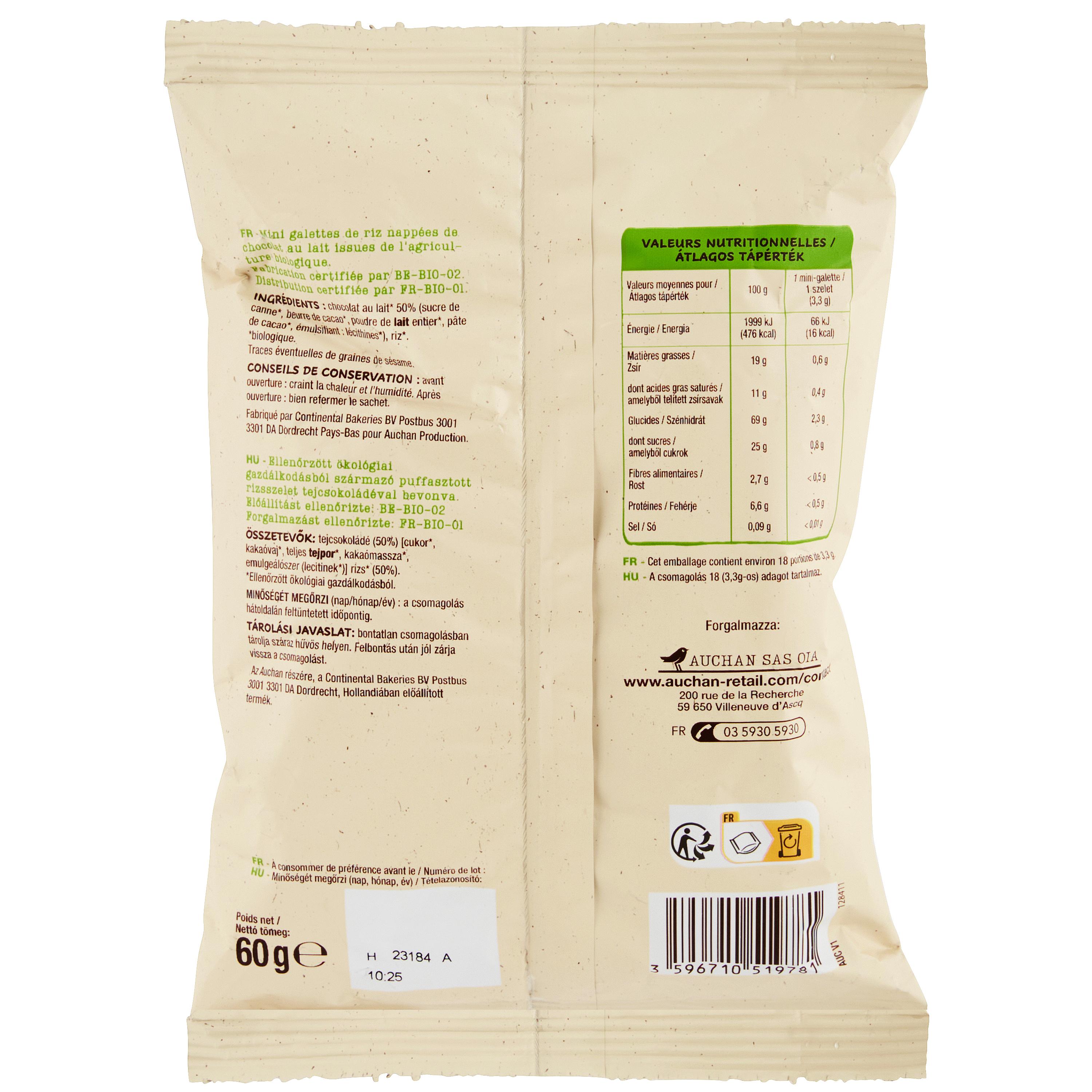 Voir la diapositive 2 : AUCHAN BIO Mini galettes de riz au chocolat au lait 18 galettes 60g