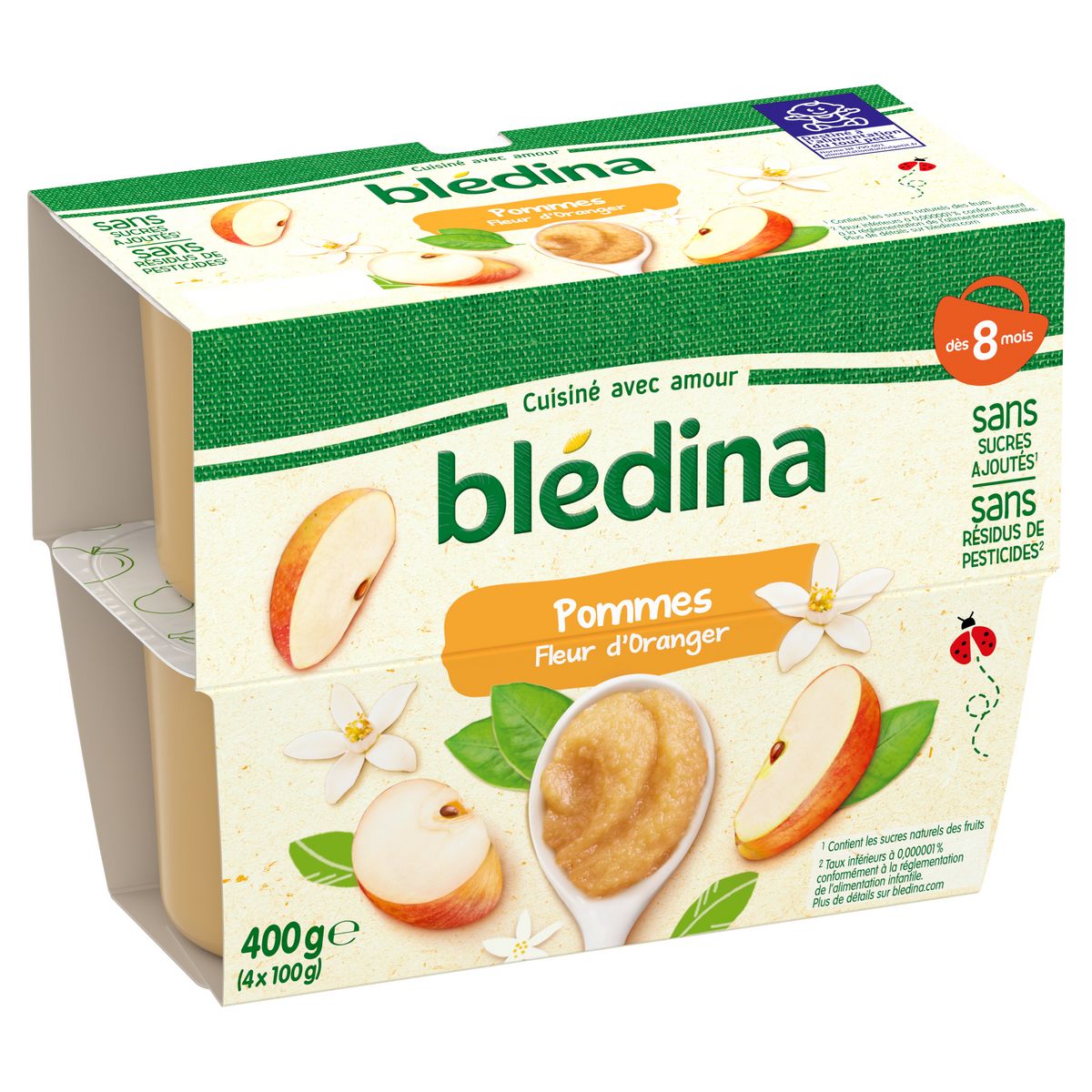BLEDINA Petit pot dessert pommes fleur d'oranger dès 8 mois 4x100g