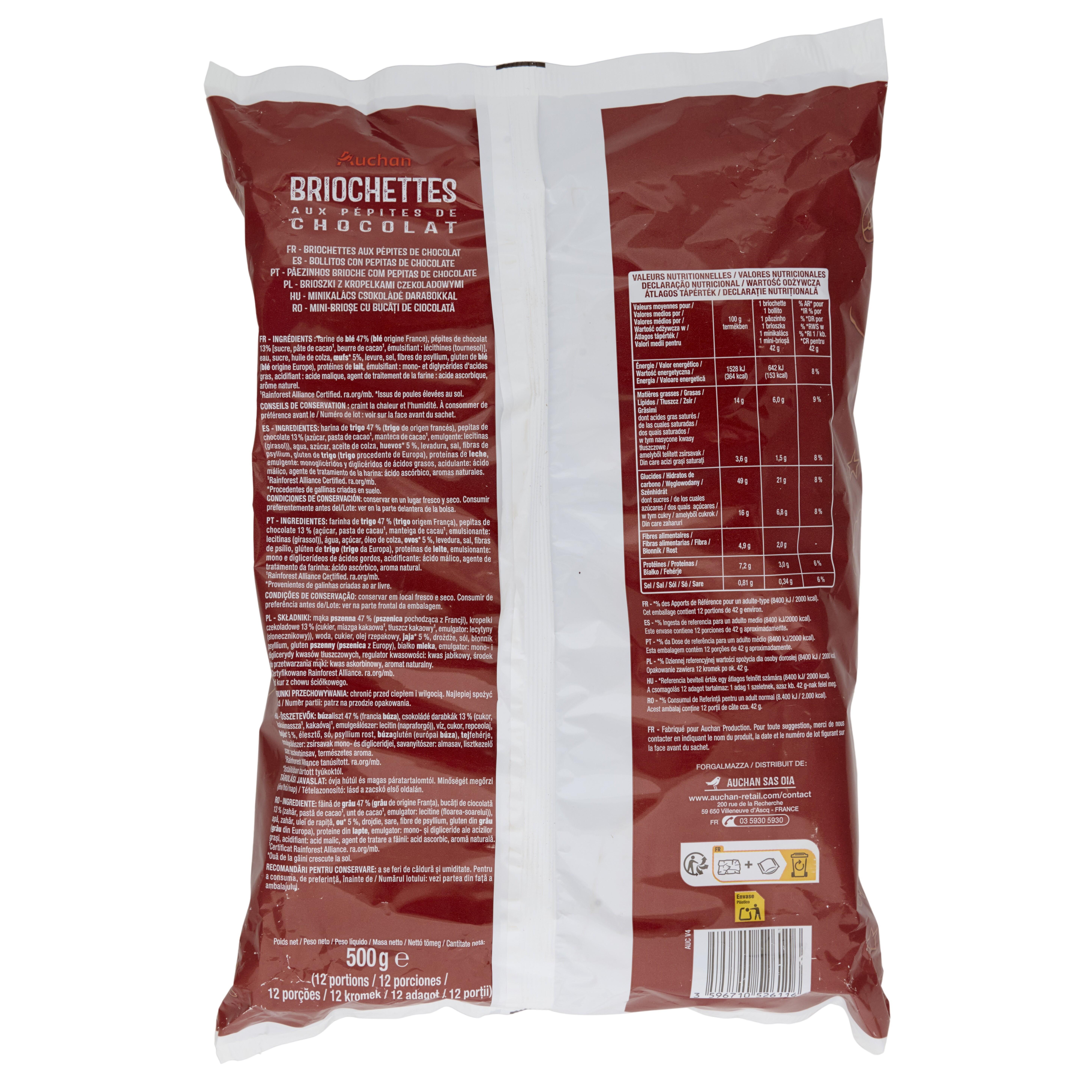 Voir la diapositive 2 : AUCHAN Briochettes aux pépites de chocolat noir sachets individuels 12 briochettes 500g