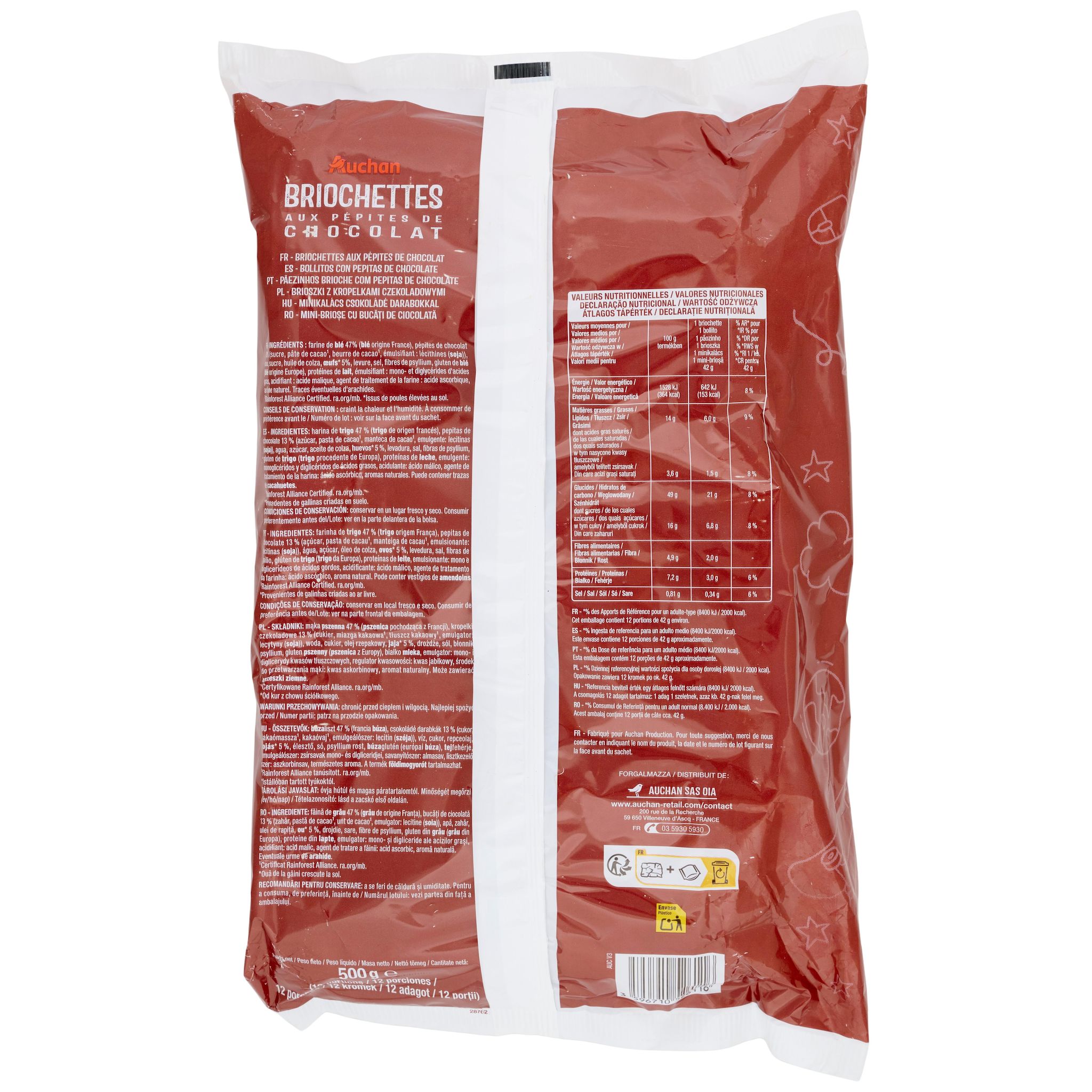 Voir la diapositive 2 : AUCHAN Briochettes aux pépites de chocolat noir sachets individuels 12 briochettes 500g