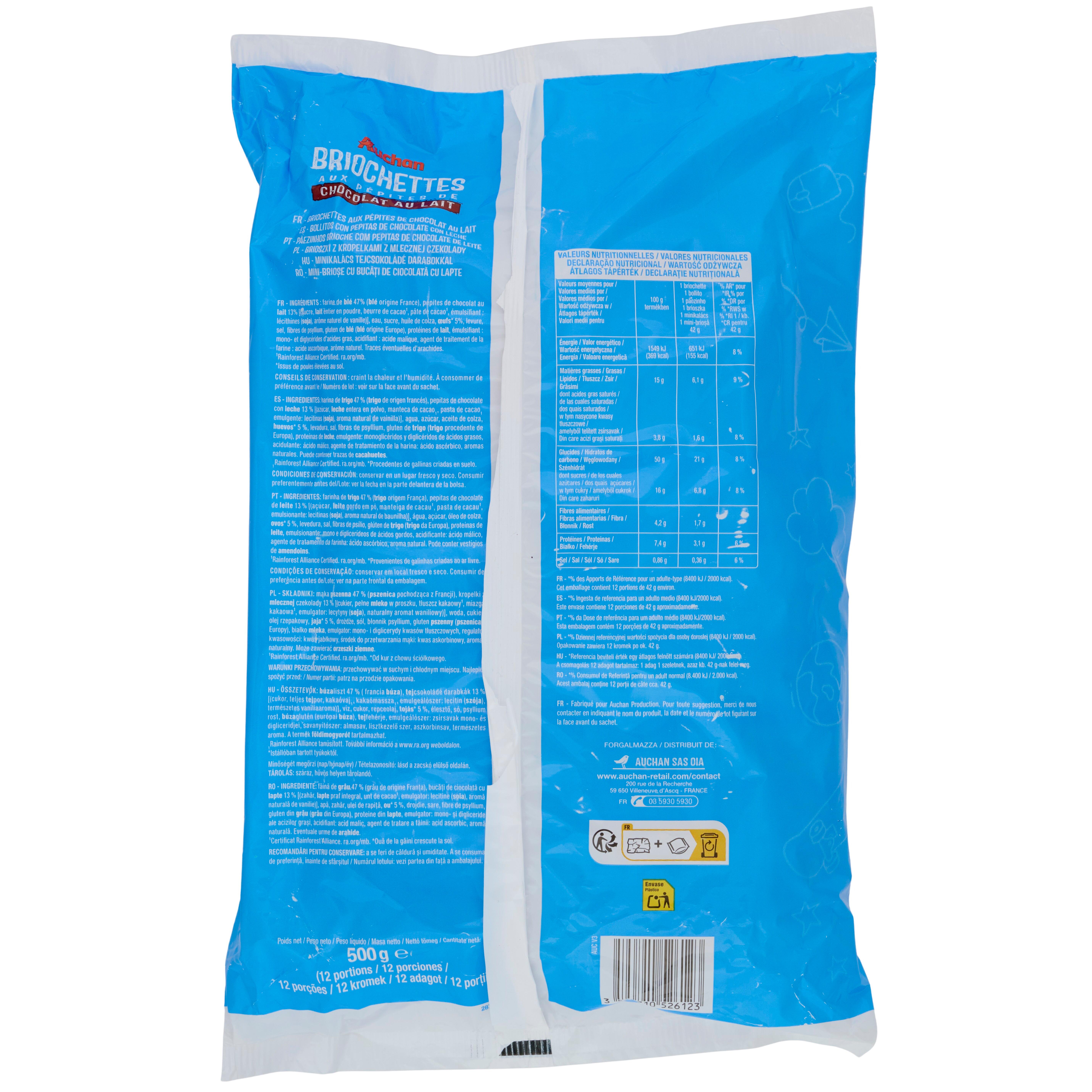Voir la diapositive 2 : AUCHAN Briochettes aux pépites de chocolat au lait 12 sachets 500g