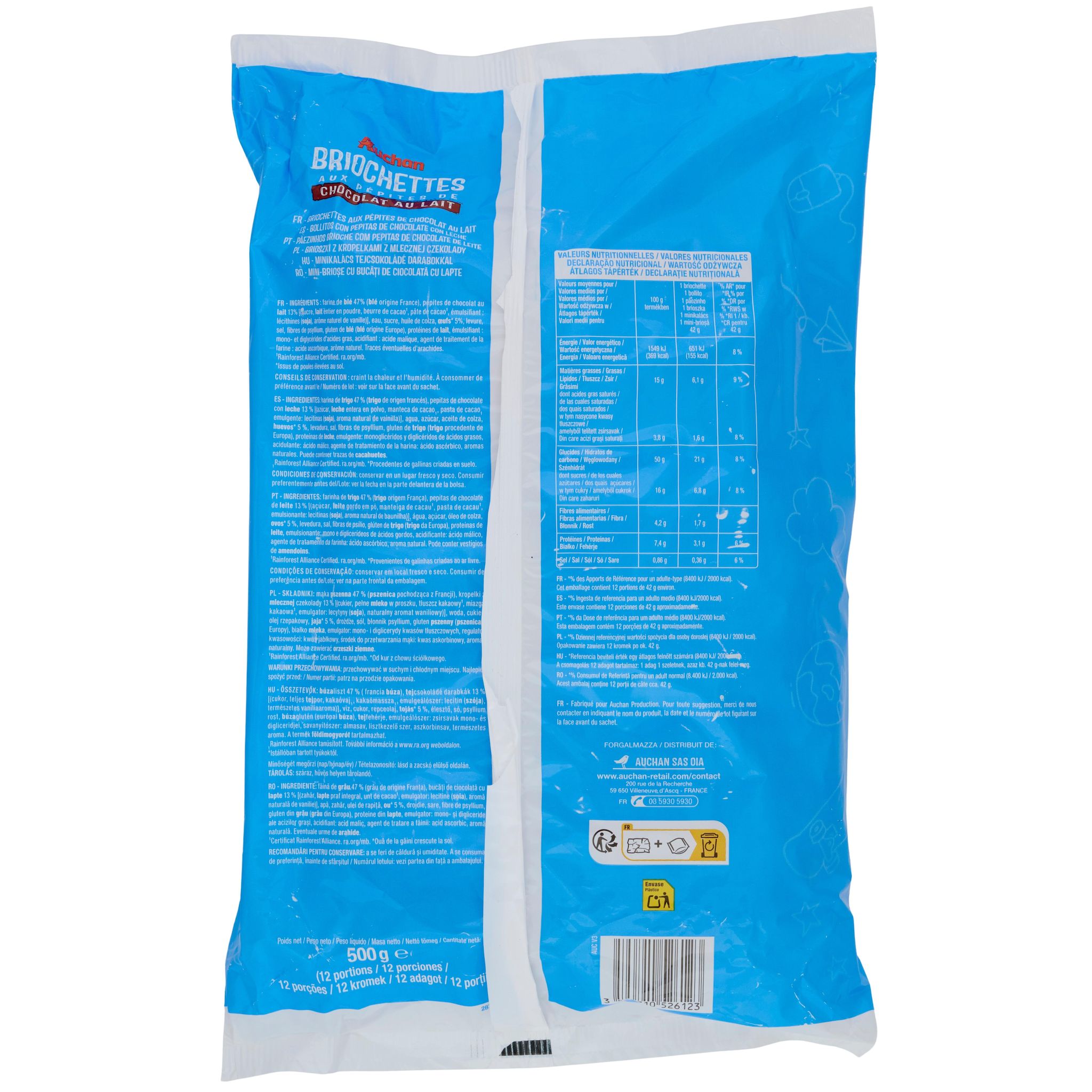 Voir la diapositive 2 : AUCHAN Briochettes aux pépites de chocolat au lait 12 sachets 500g