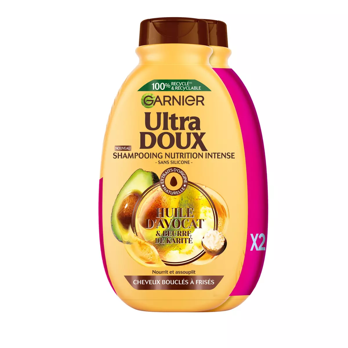 ULTRA DOUX Shampooing nutrition intense avocat karité cheveux bouclés à frisés 2x300ml