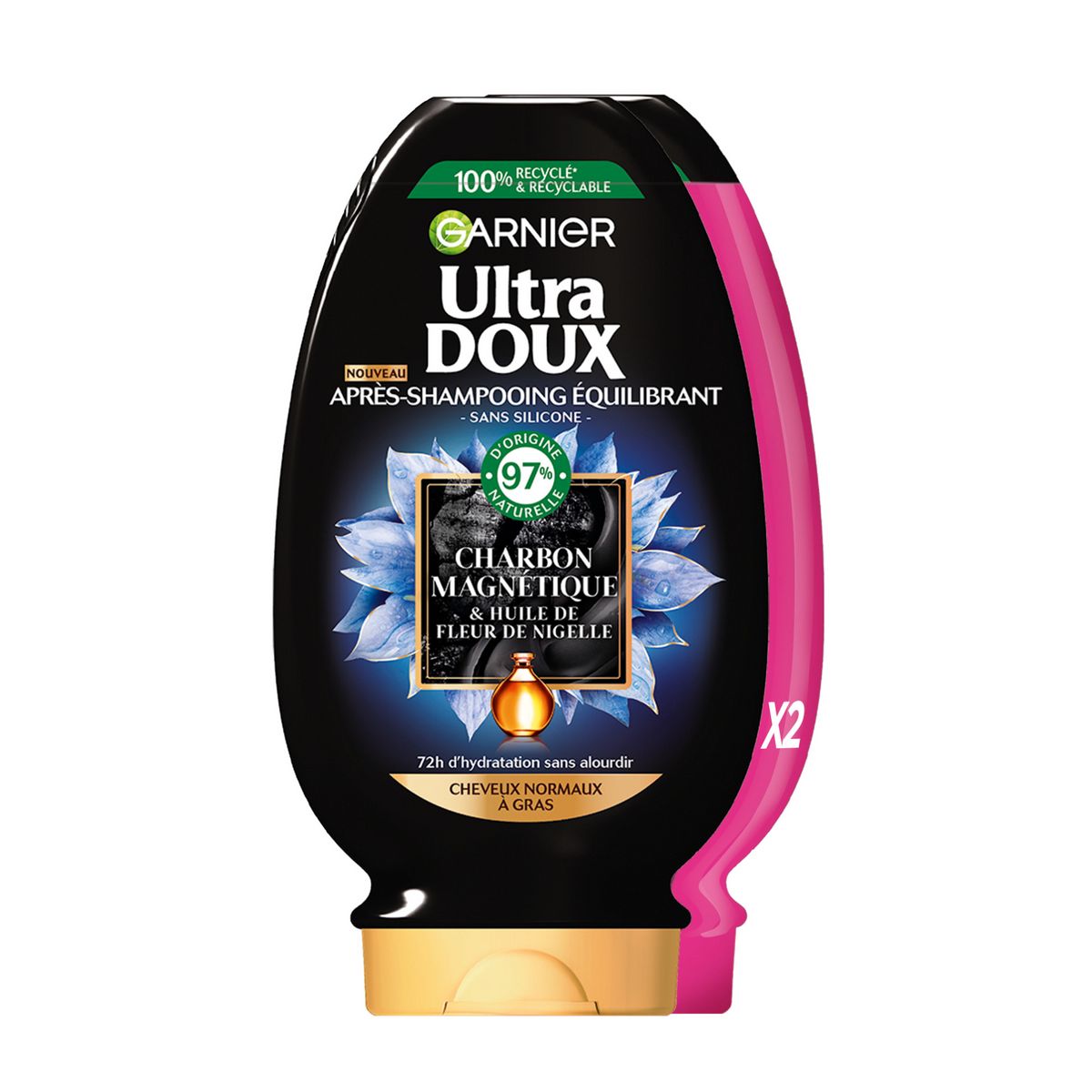 ULTRA DOUX Après-shampooing équilibrant au charbon magnétique et huile de fleur de nigelle 2x200ml
