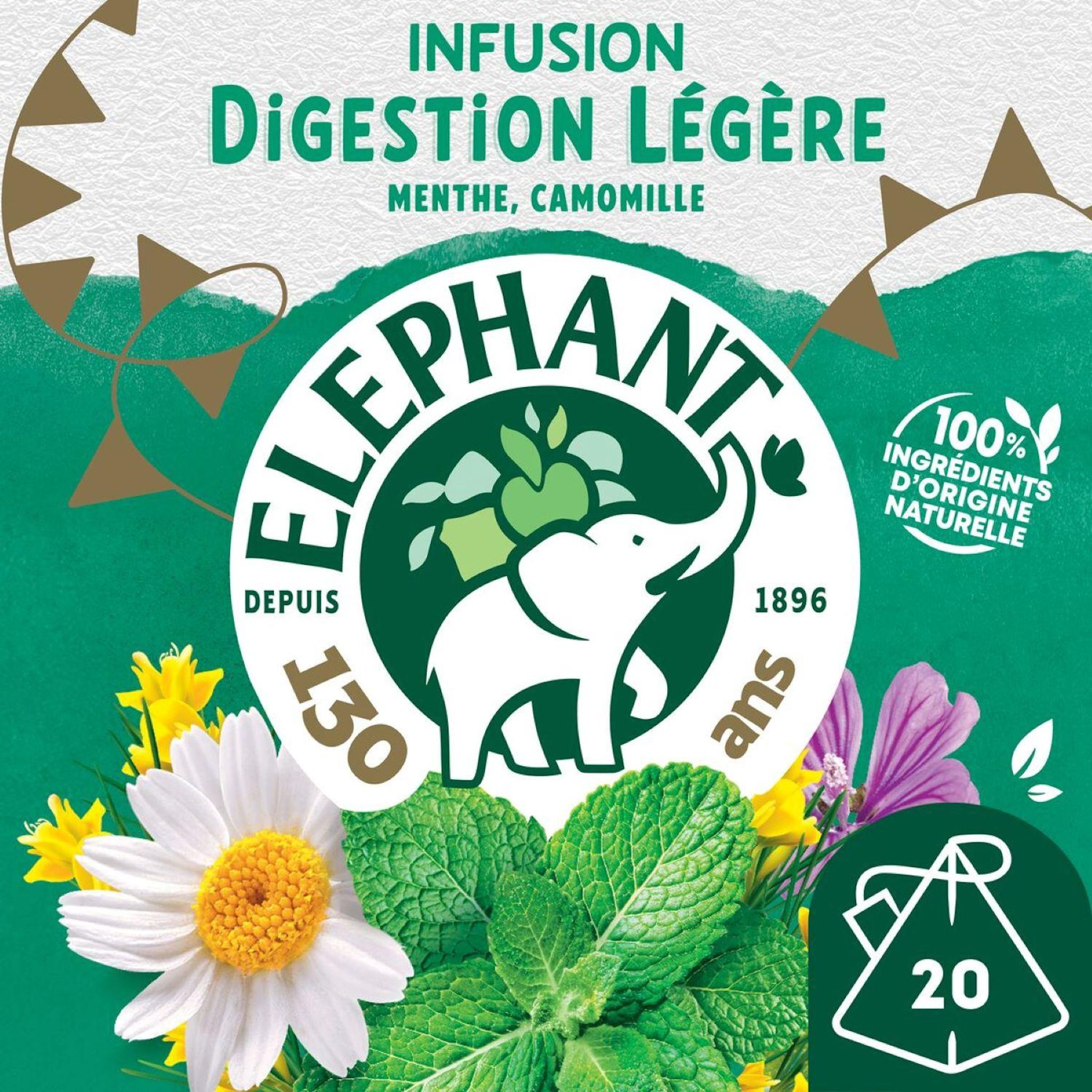 Voir la diapositive 2 : ELEPHANT Infusion à la menthe Digestion légère 20 sachets 32g