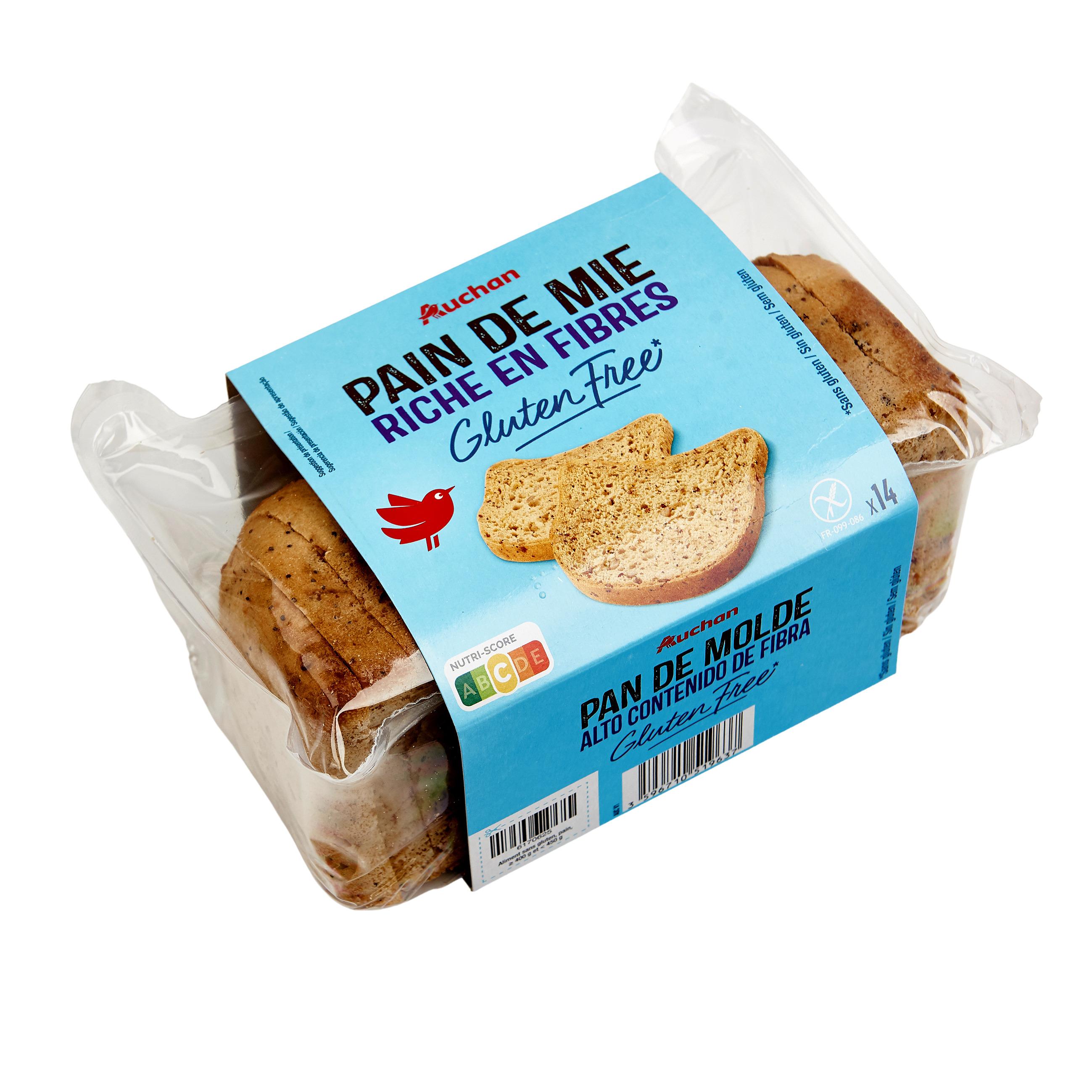 Voir la diapositive 2 : AUCHAN Pain de mie tranché riche en fibres sans gluten 400g