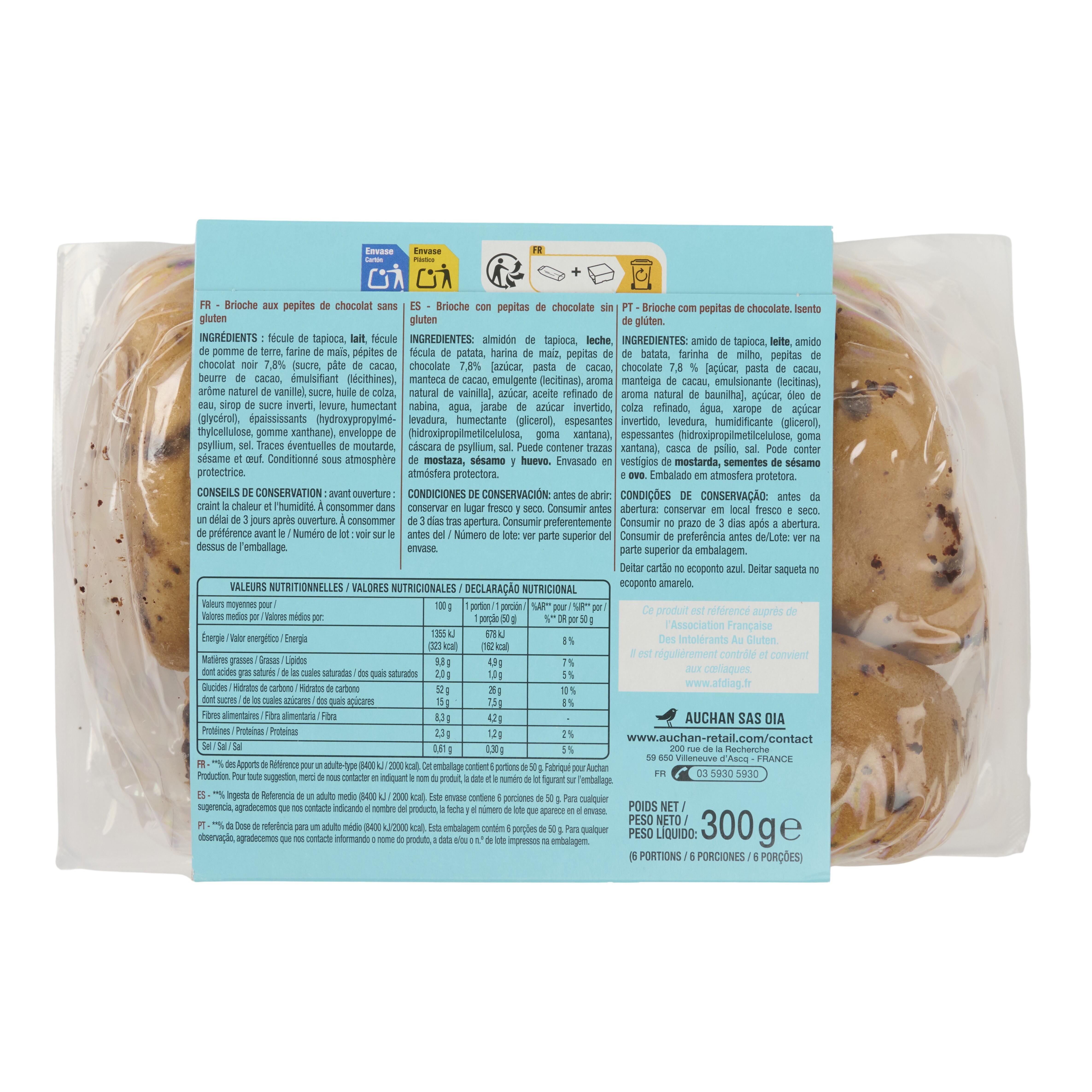 Voir la diapositive 2 : AUCHAN Briochettes aux pépites de chocolat sans gluten 6 pièces 300g