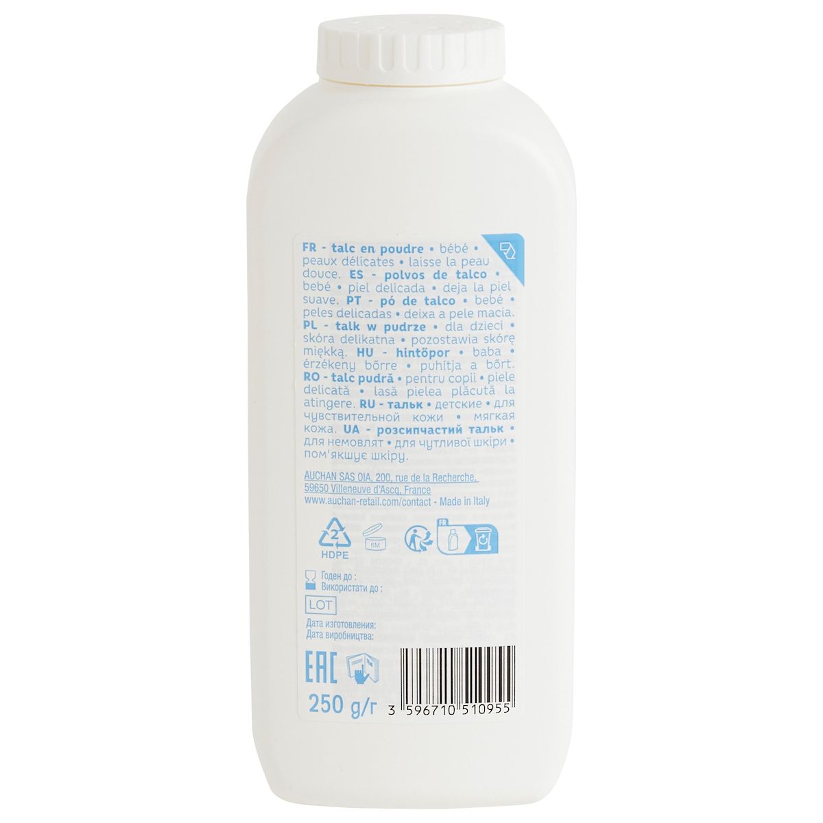 AUCHAN BABY Talc en poudre pour peaux délicates 250g