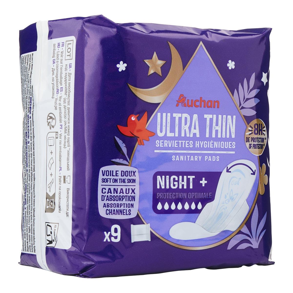 AUCHAN Ultra thin serviettes hygiéniques nuit ultra fines 9 serviettes