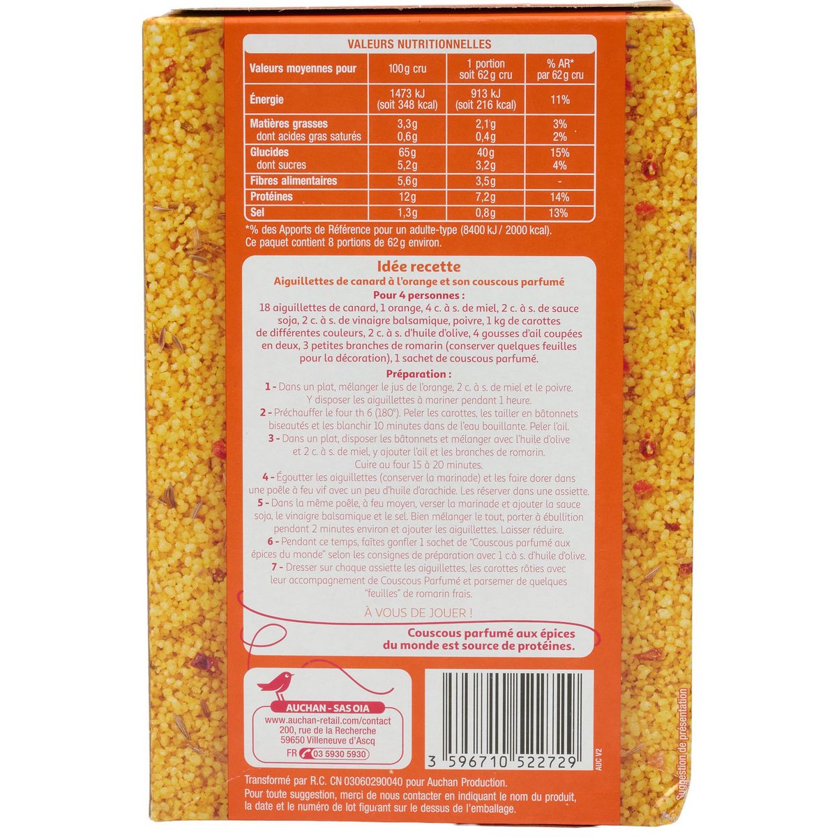 AUCHAN Graines de couscous aux épices du monde 2x4 portions 500g