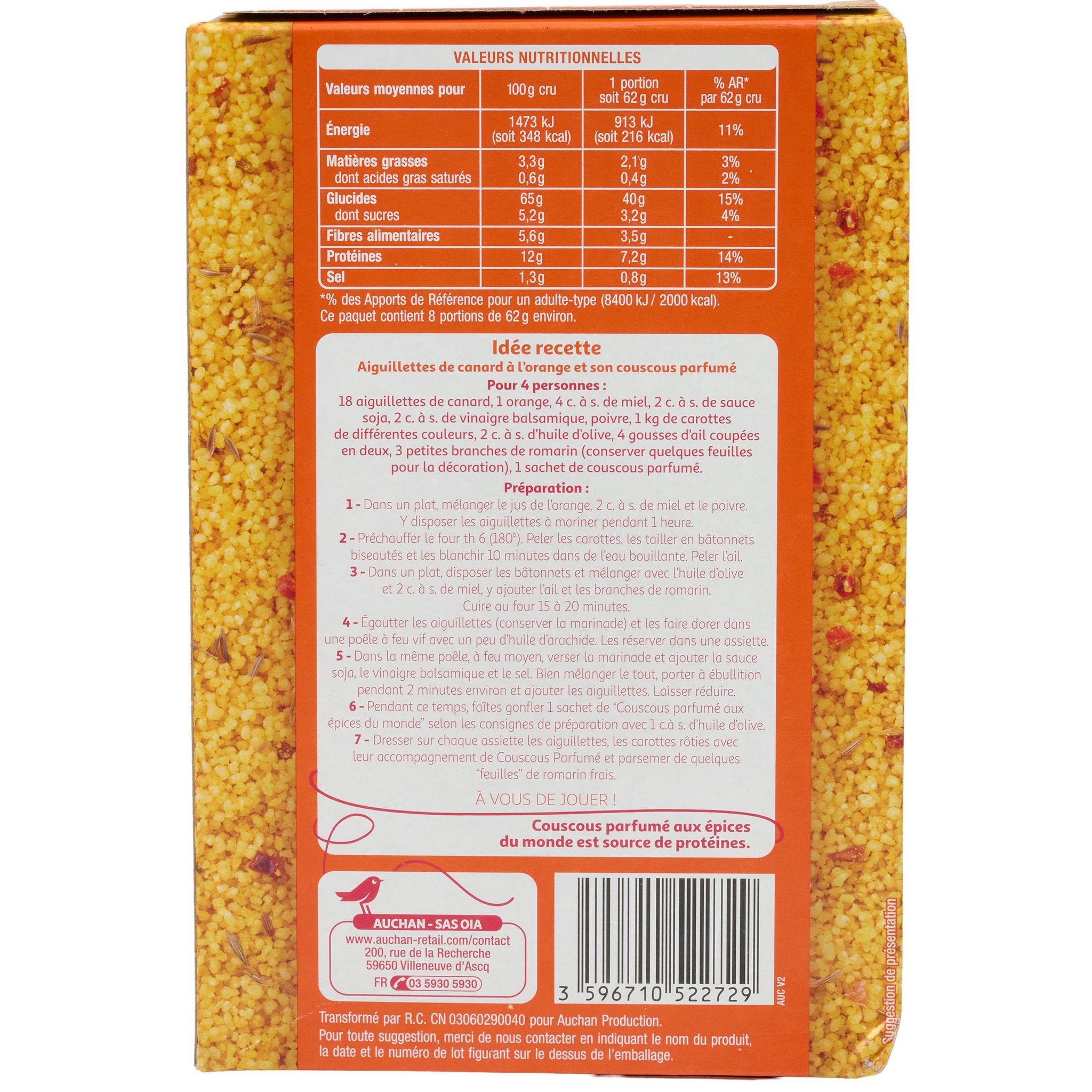 Voir la diapositive 2 : AUCHAN Graines de couscous aux épices du monde 2x4 portions 500g