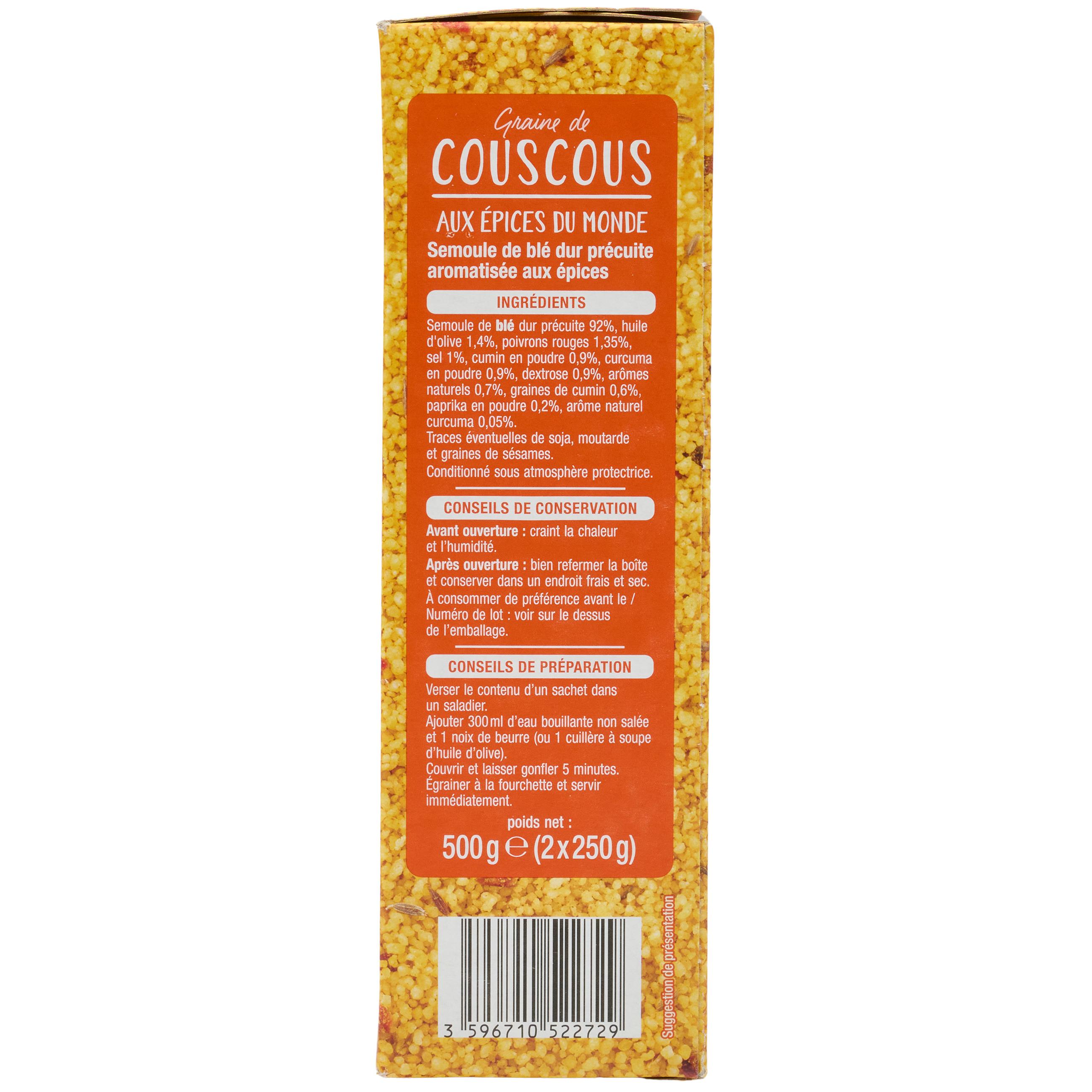 Voir la diapositive 3 : AUCHAN Graines de couscous aux épices du monde 2x4 portions 500g