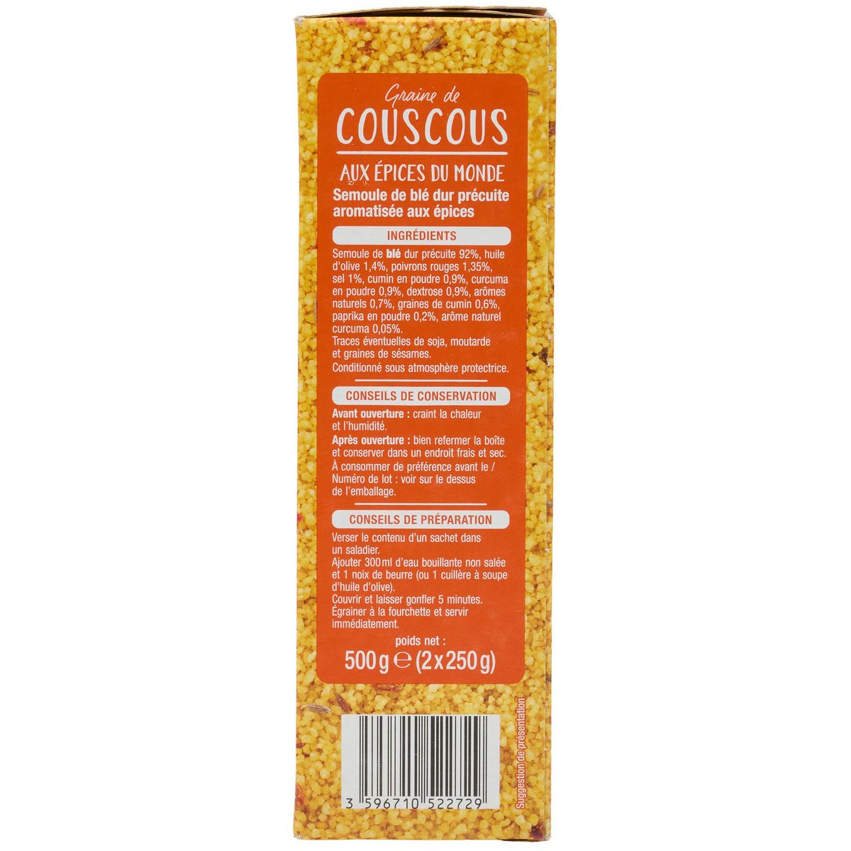 AUCHAN Graines de couscous aux épices du monde 2x4 portions 500g