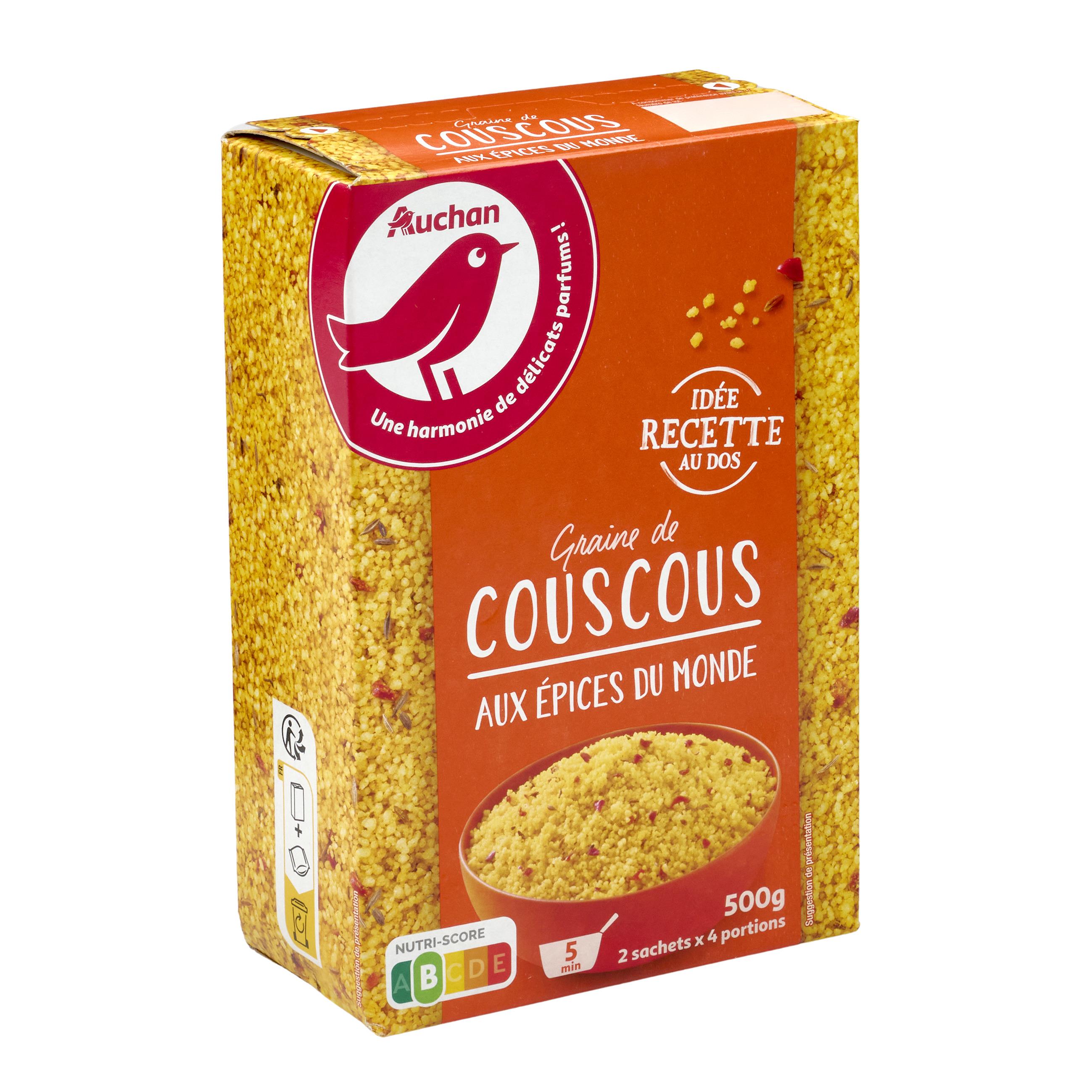 Voir la diapositive 4 : AUCHAN Graines de couscous aux épices du monde 2x4 portions 500g