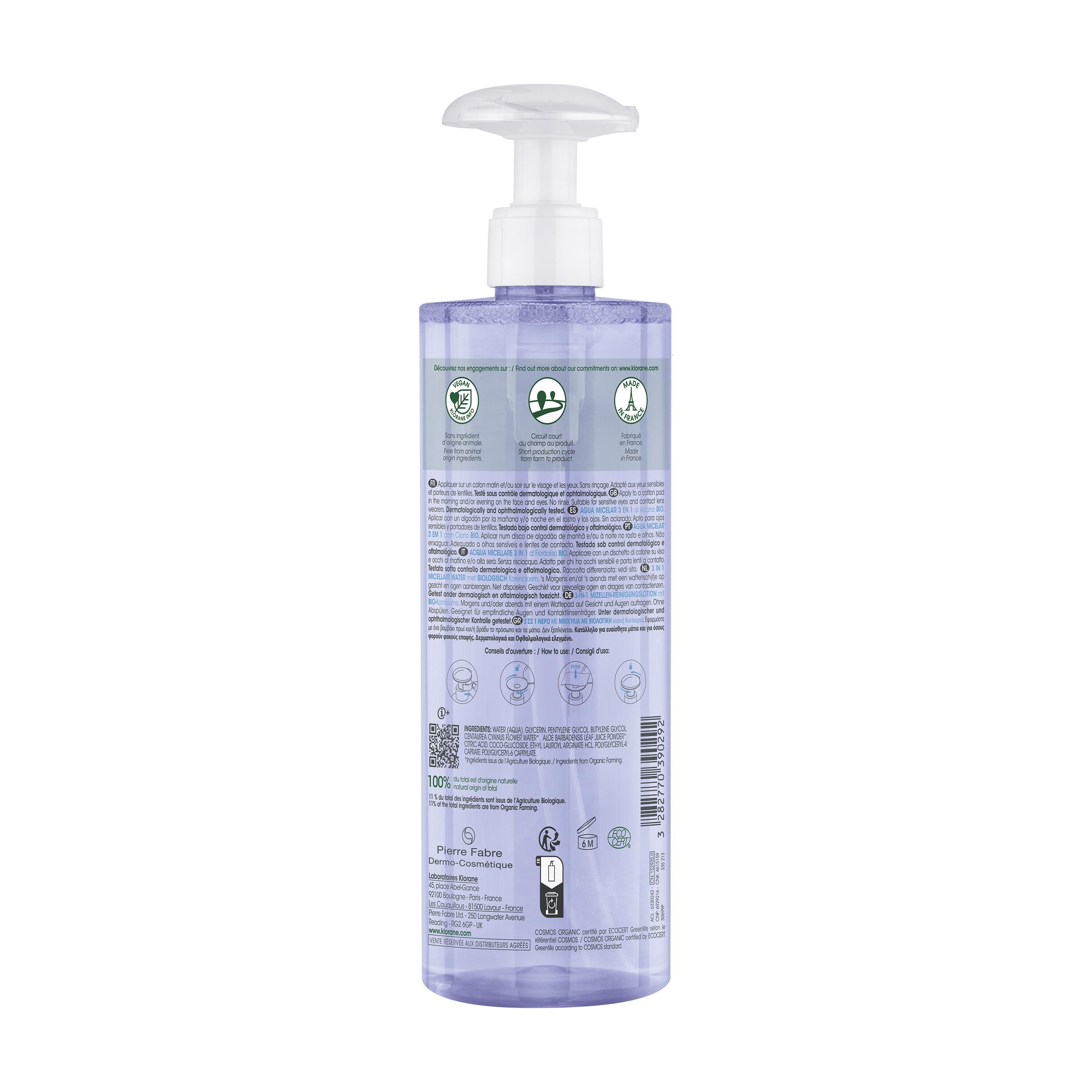 Voir la diapositive 2 : KLORANE Eau micellaire 3en1 au bleuet bio 400ml