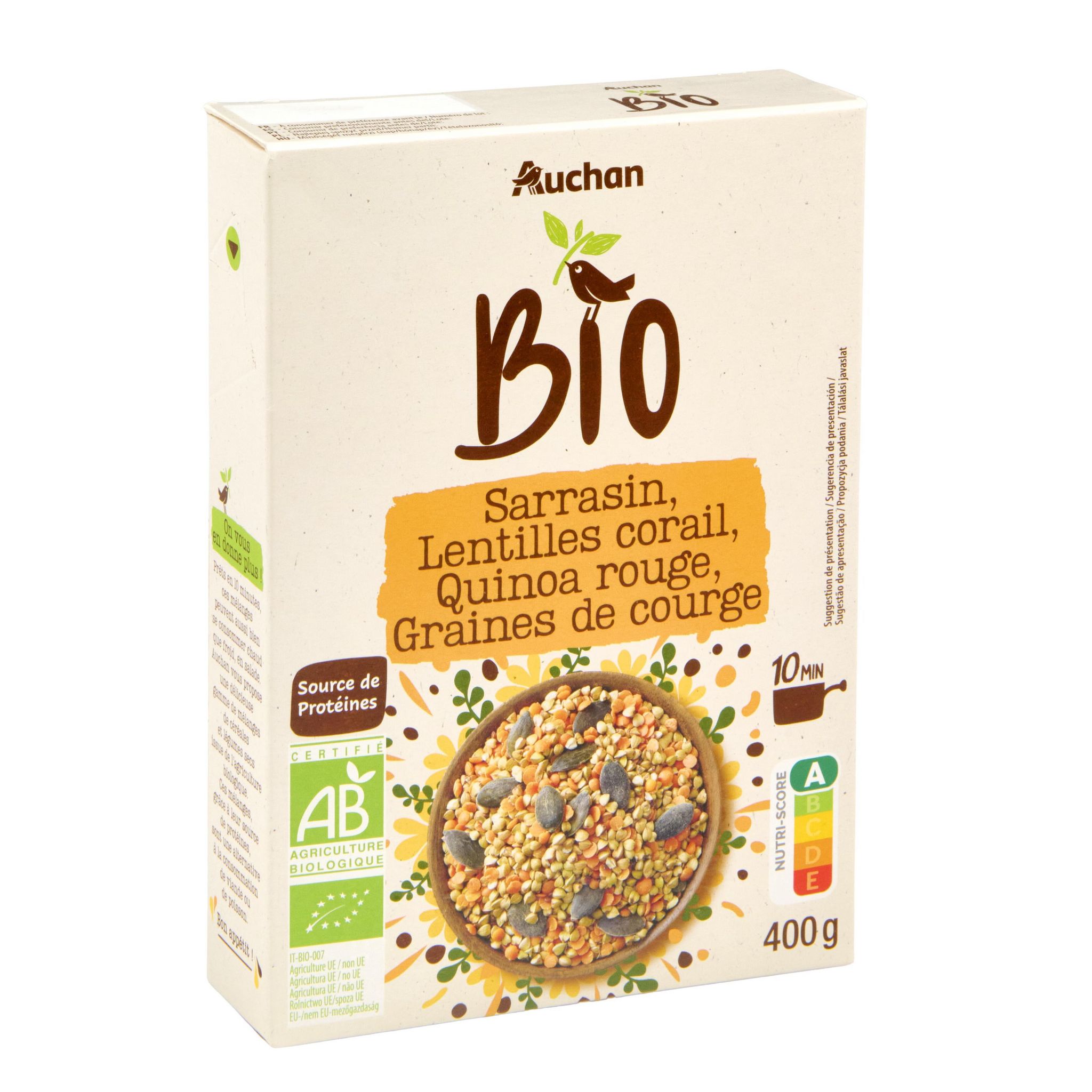 Voir la diapositive 2 : AUCHAN BIO Mélange sarrasin lentilles corail quinoa rouge et graines de courge 400g