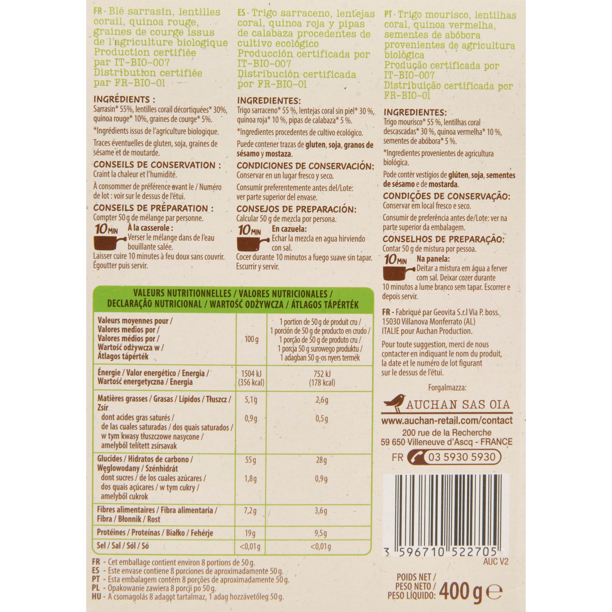 Voir la diapositive 3 : AUCHAN BIO Mélange sarrasin lentilles corail quinoa rouge et graines de courge 400g