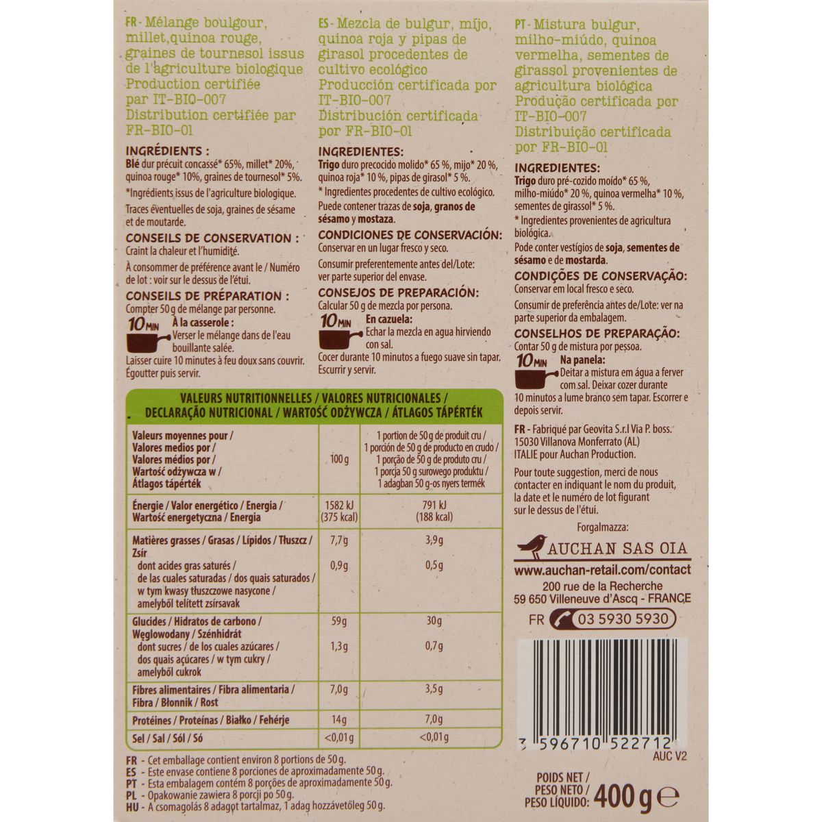 AUCHAN BIO Mélange boulgour millet quinoa rouge et graines de tournesol 400g