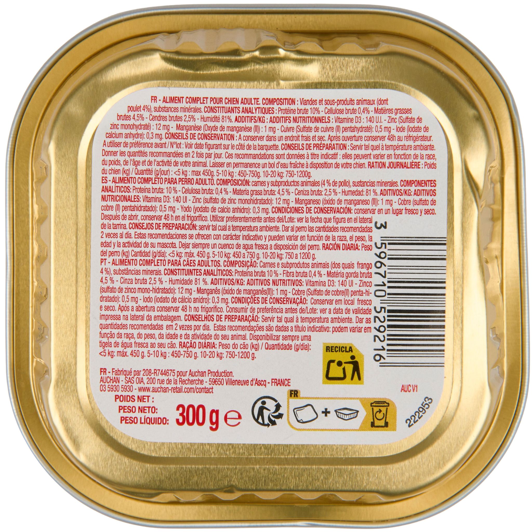 Voir la diapositive 3 : POUCE Pâtée au poulet en barquette pour chien 300g