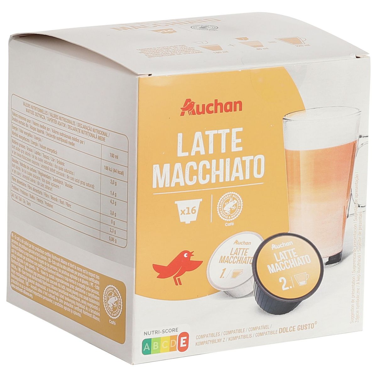AUCHAN Capsules de café Latte Macchiato compatibles Dolce Gusto 16 capsules 192g
