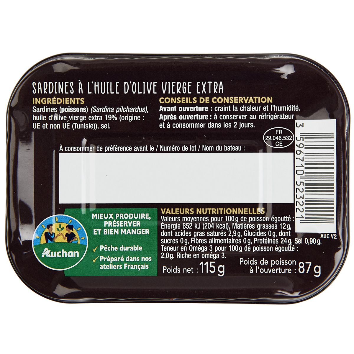 AUCHAN TERROIR CULTIVONS LE BON Sardines à l'ancienne à l'huile d'olive vierge extra 115g