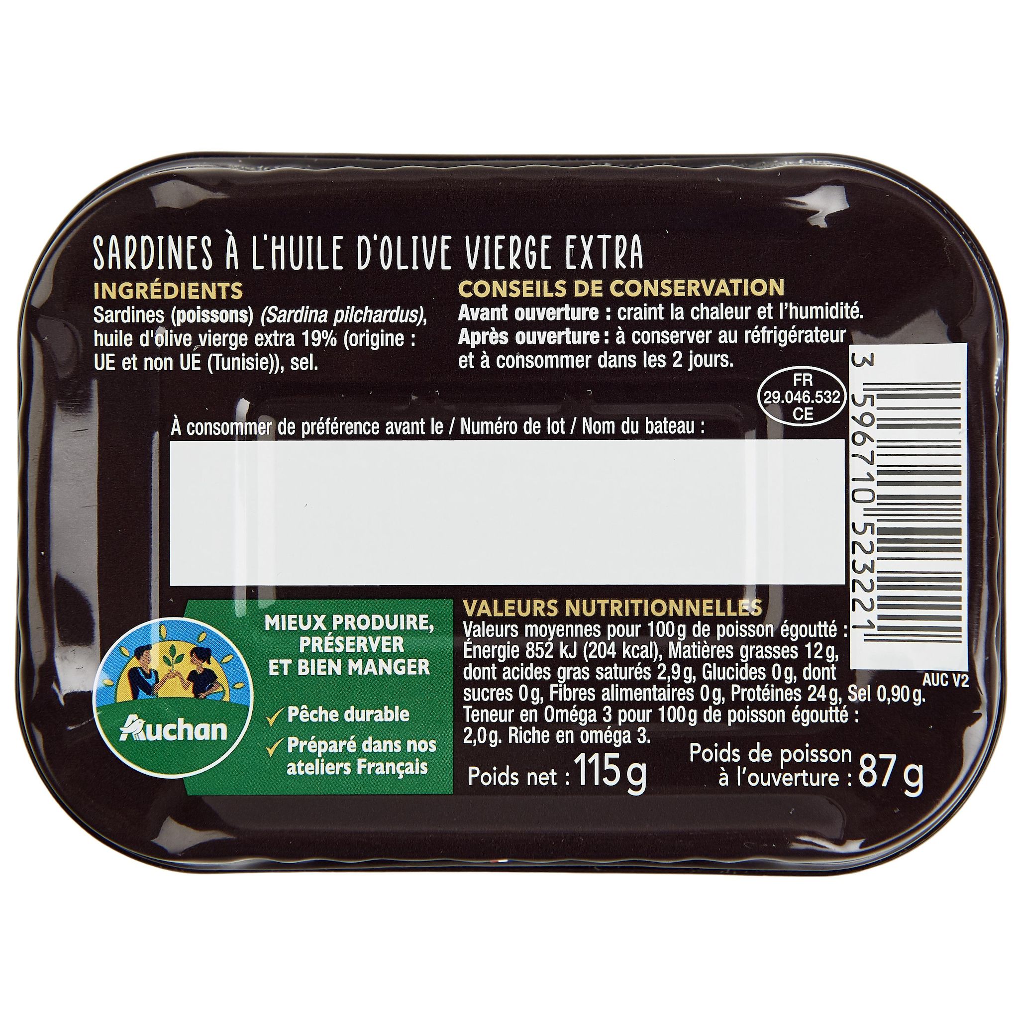 Voir la diapositive 3 : AUCHAN TERROIR CULTIVONS LE BON Sardines à l'ancienne à l'huile d'olive vierge extra 115g