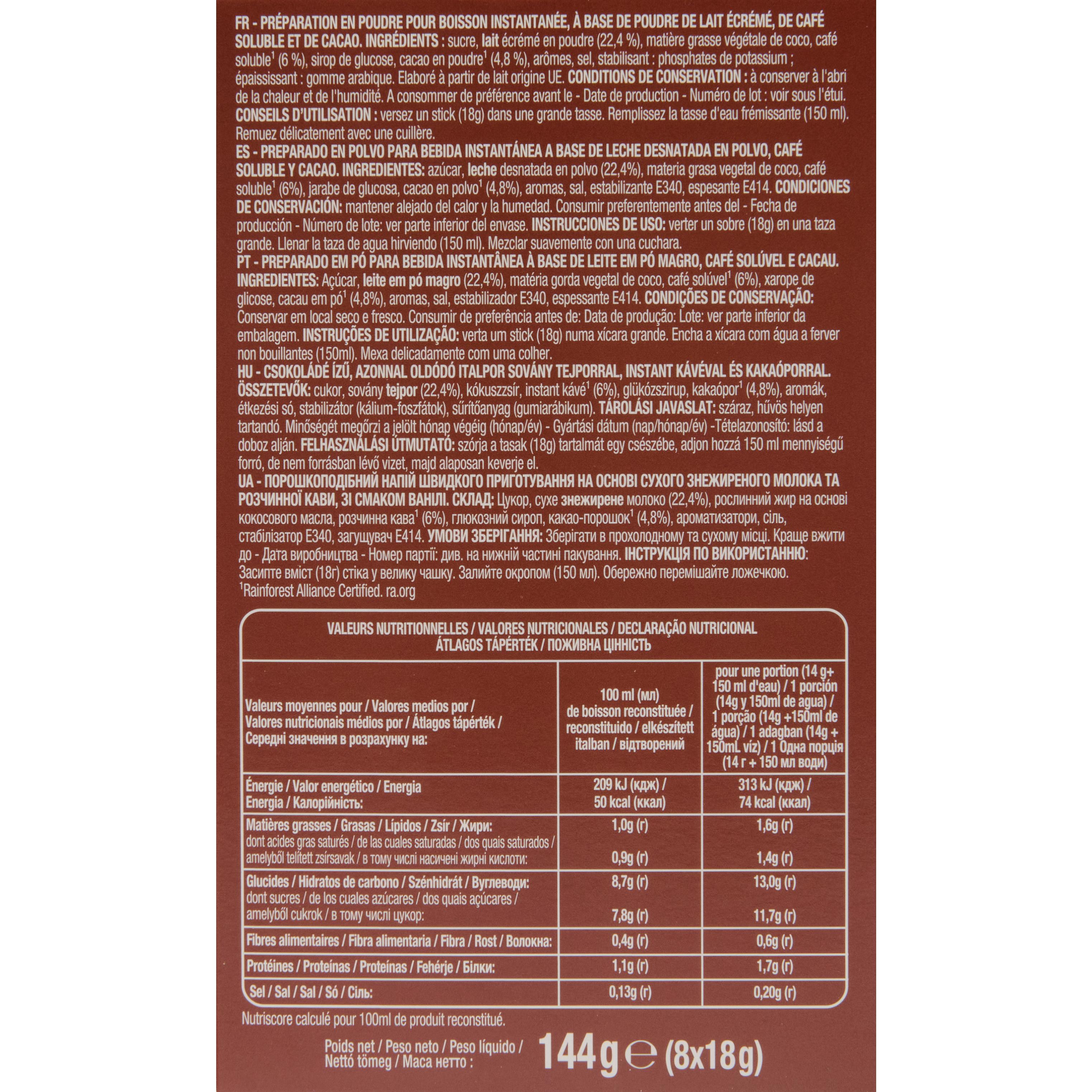 Voir la diapositive 4 : AUCHAN Cappuccino saveur chocolat en sticks 8 sticks 8x18g