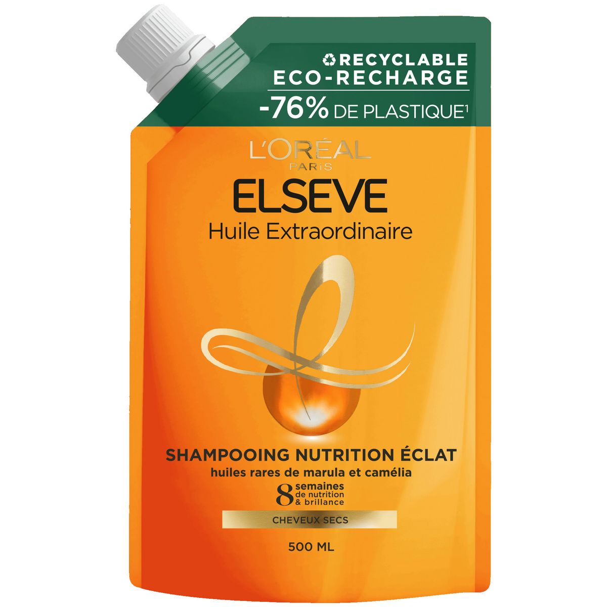 ELSEVE Huile extraordinaire recharge Shampooing nutrition éclat huiles de marula et camélia cheveux secs 500ml