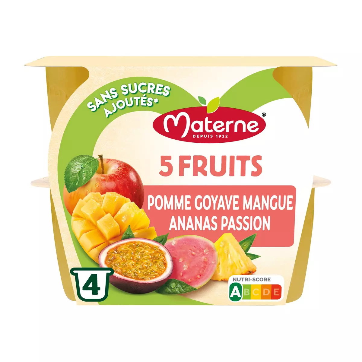 MATERNE Spécialité aux 5 fruits pomme goyave mangue ananas et passion sans sucres ajoutés 4x100g