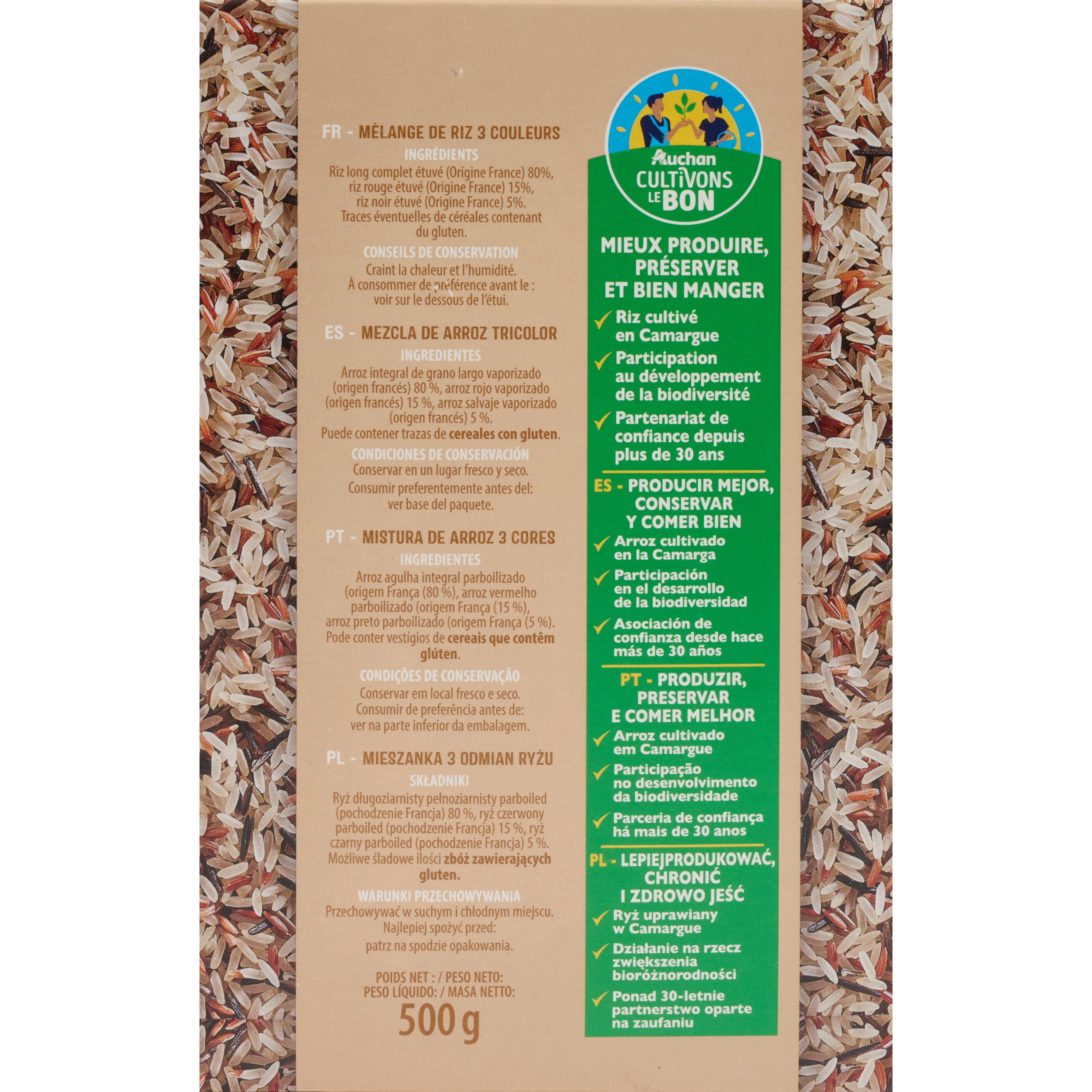 Voir la diapositive 2 : AUCHAN CULTIVONS LE BON Riz 3 couleurs cultivé en France 500g