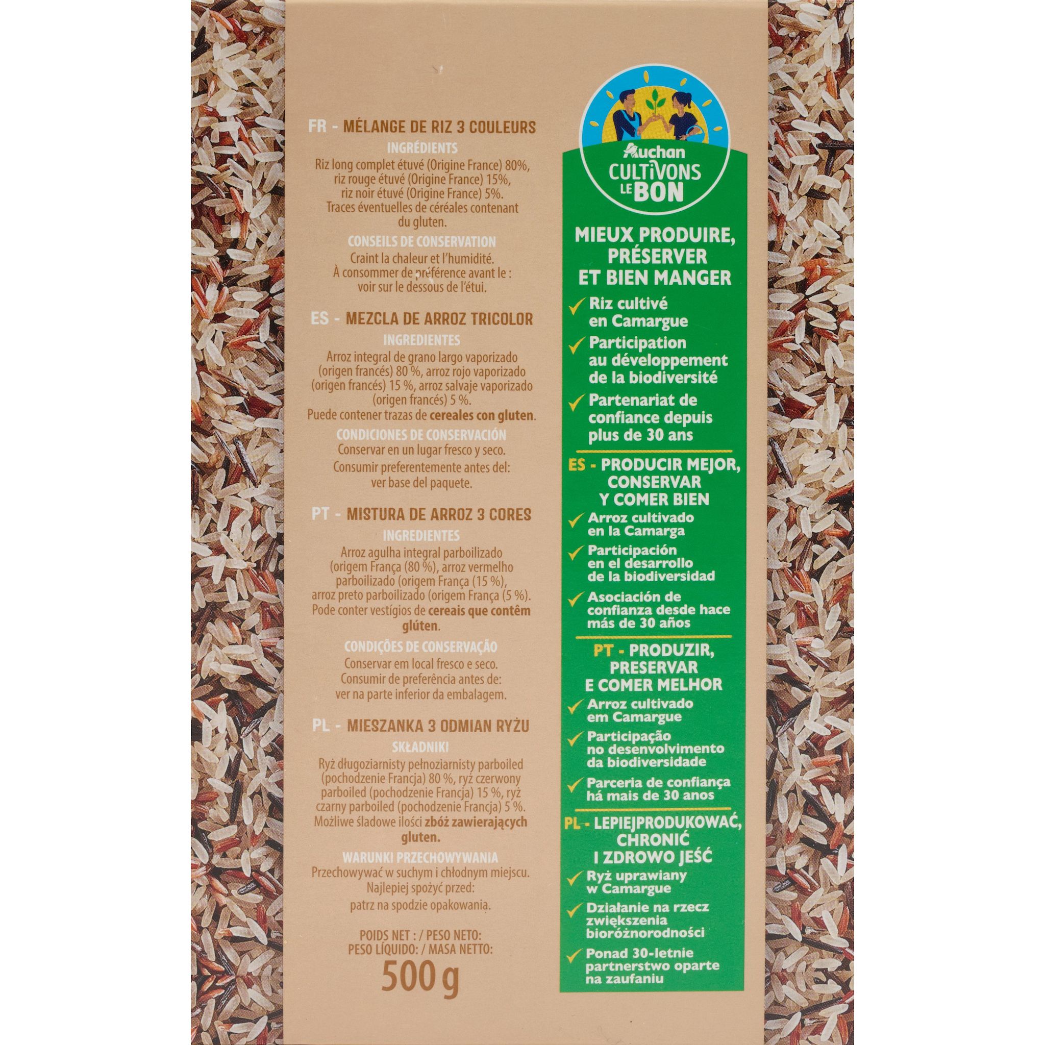 Voir la diapositive 2 : AUCHAN CULTIVONS LE BON Riz 3 couleurs cultivé en France 500g